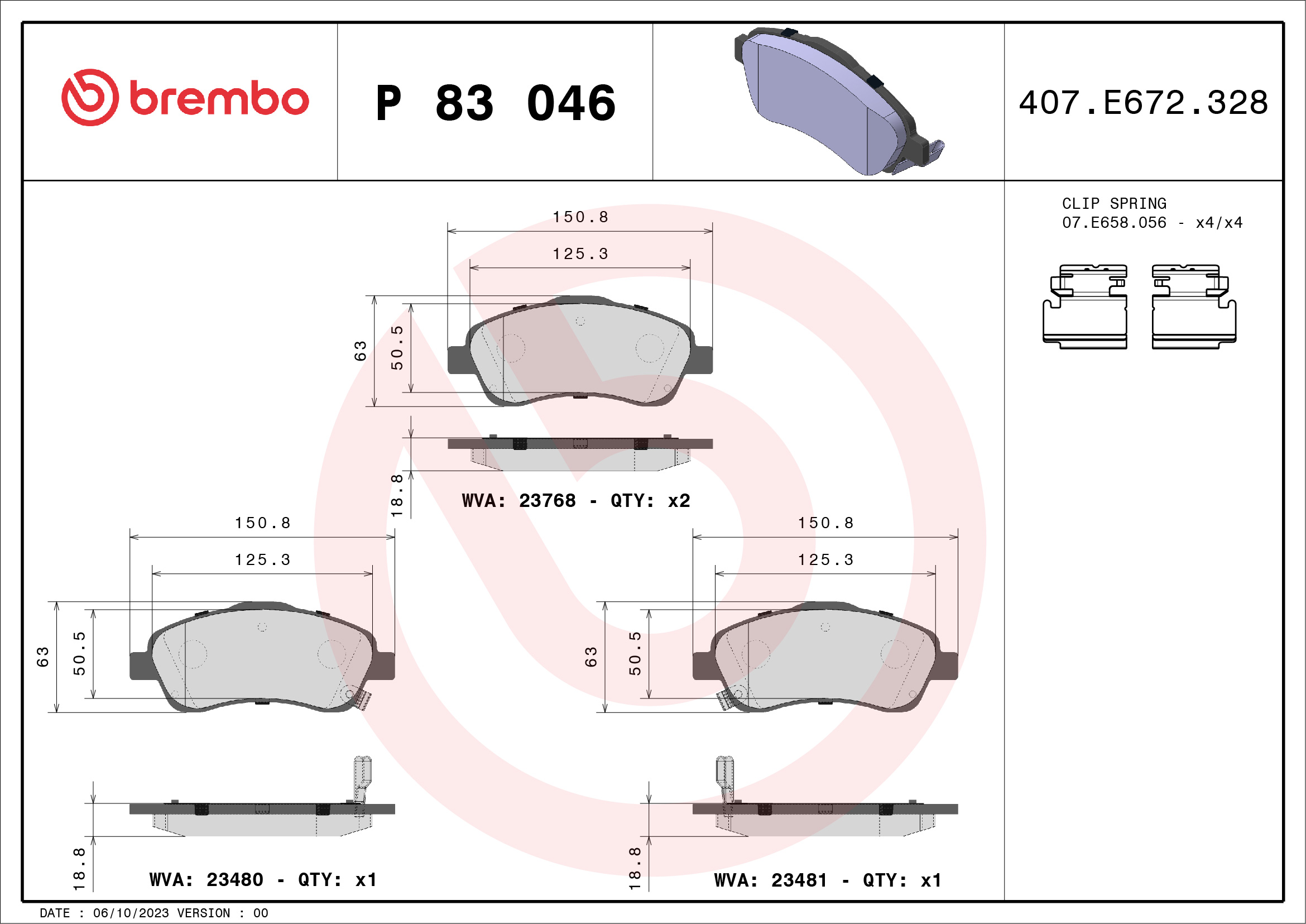 Jogo de 4 pastilhas de travão BREMBO ref. P 83 046