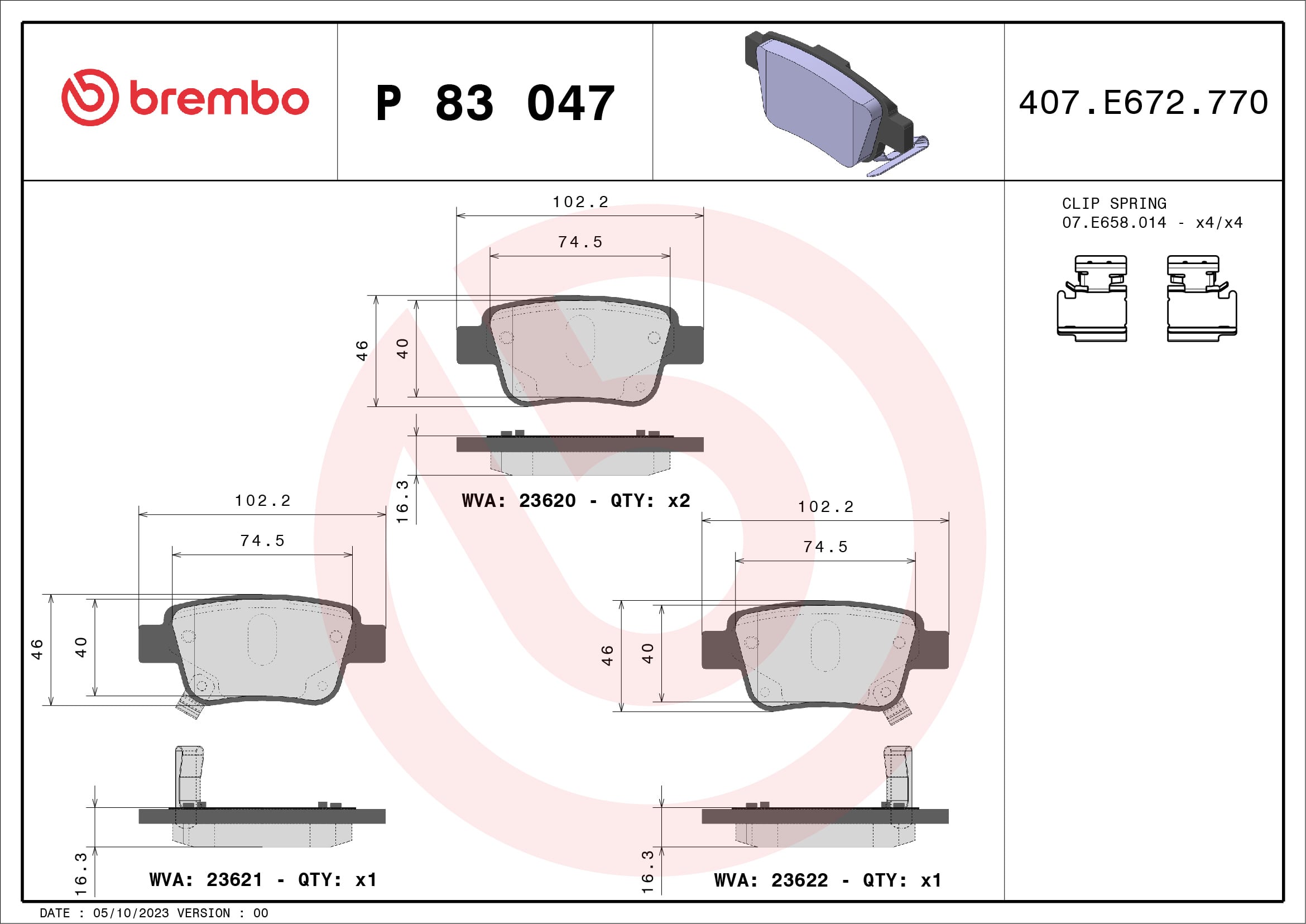 Jogo de 4 pastilhas de travão BREMBO ref. P 83 047