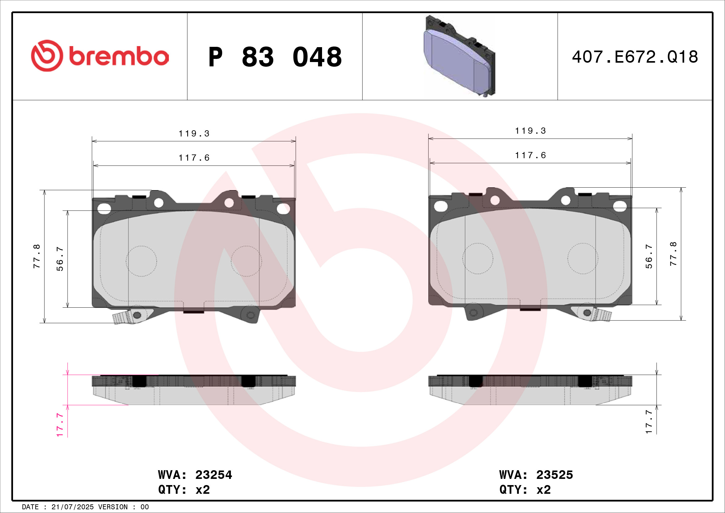 Jogo de 4 pastilhas de travão BREMBO ref. P 83 048