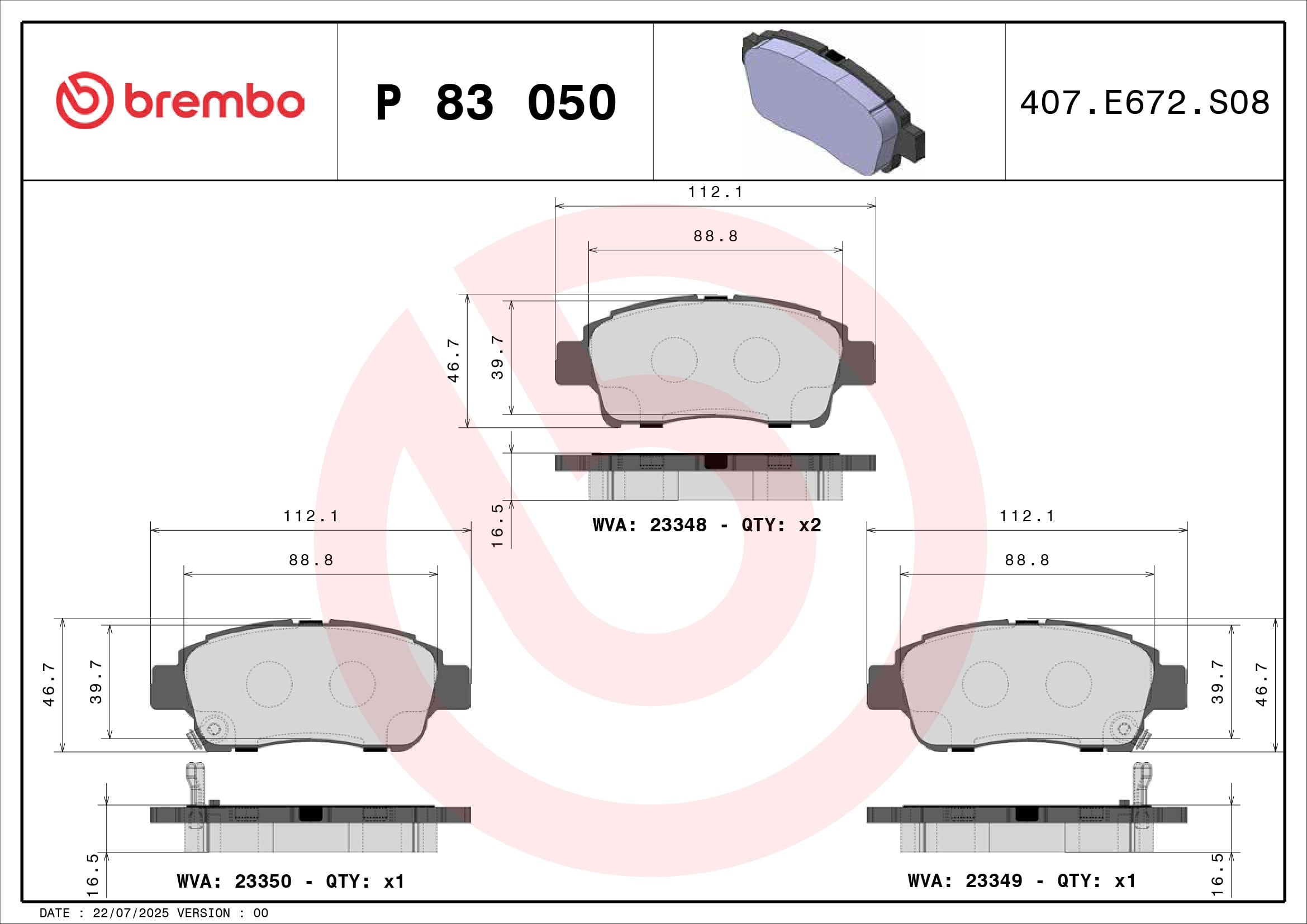 Jogo de 4 pastilhas de travão BREMBO ref. P 83 050