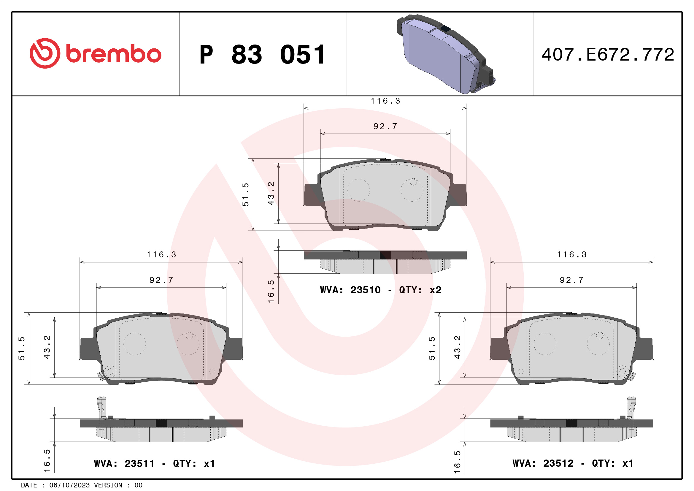 Jogo de 4 pastilhas de travão BREMBO ref. P 83 051