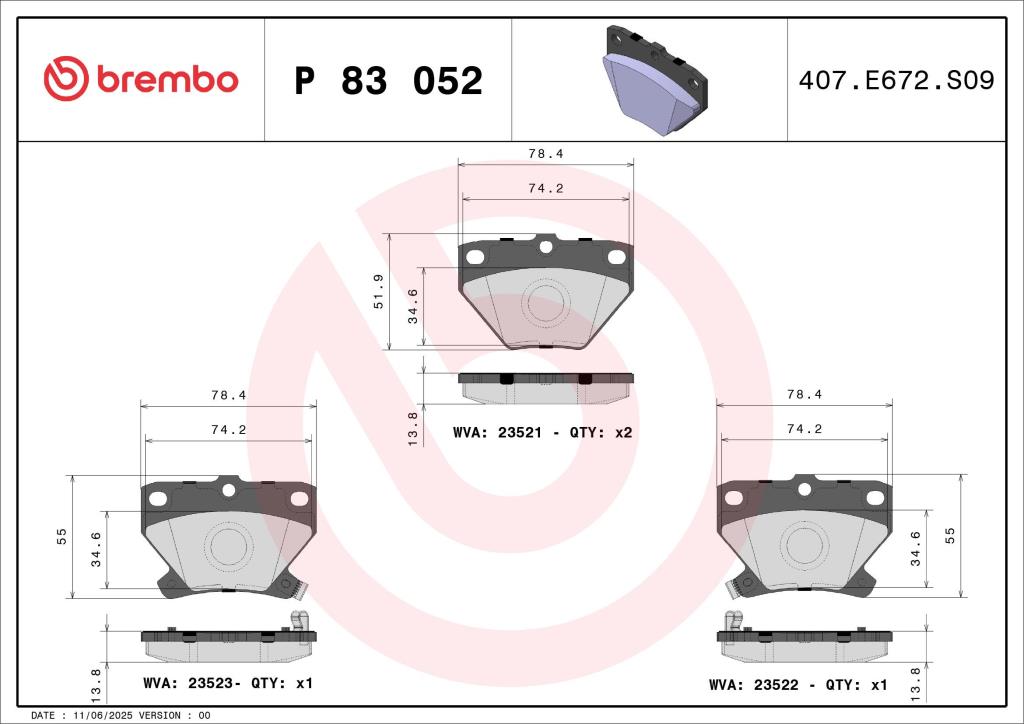 Jeu de 4 plaquettes de frein BREMBO ref. P 83 052