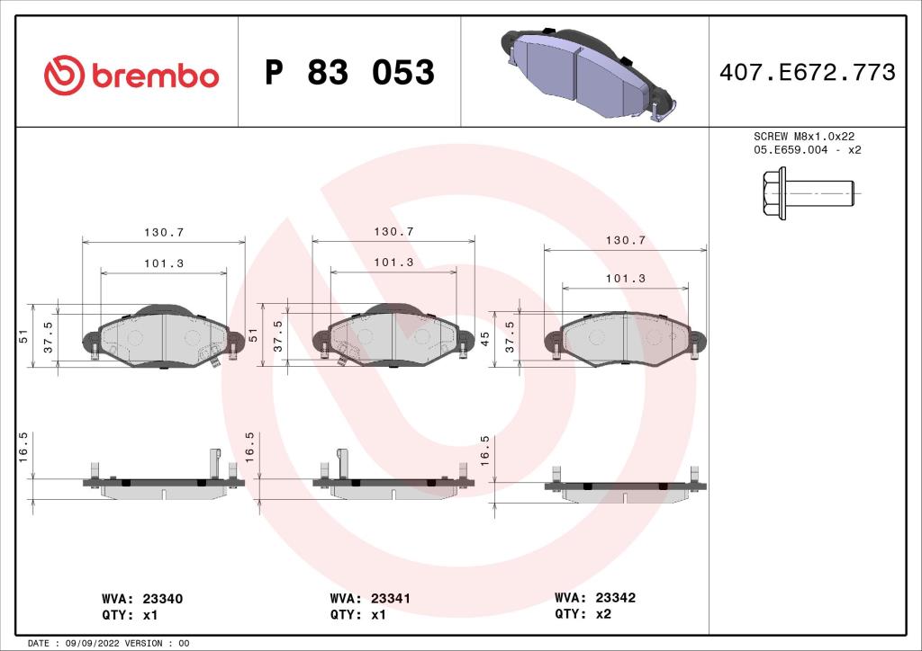 Jogo de 4 pastilhas de travão BREMBO ref. P 83 053