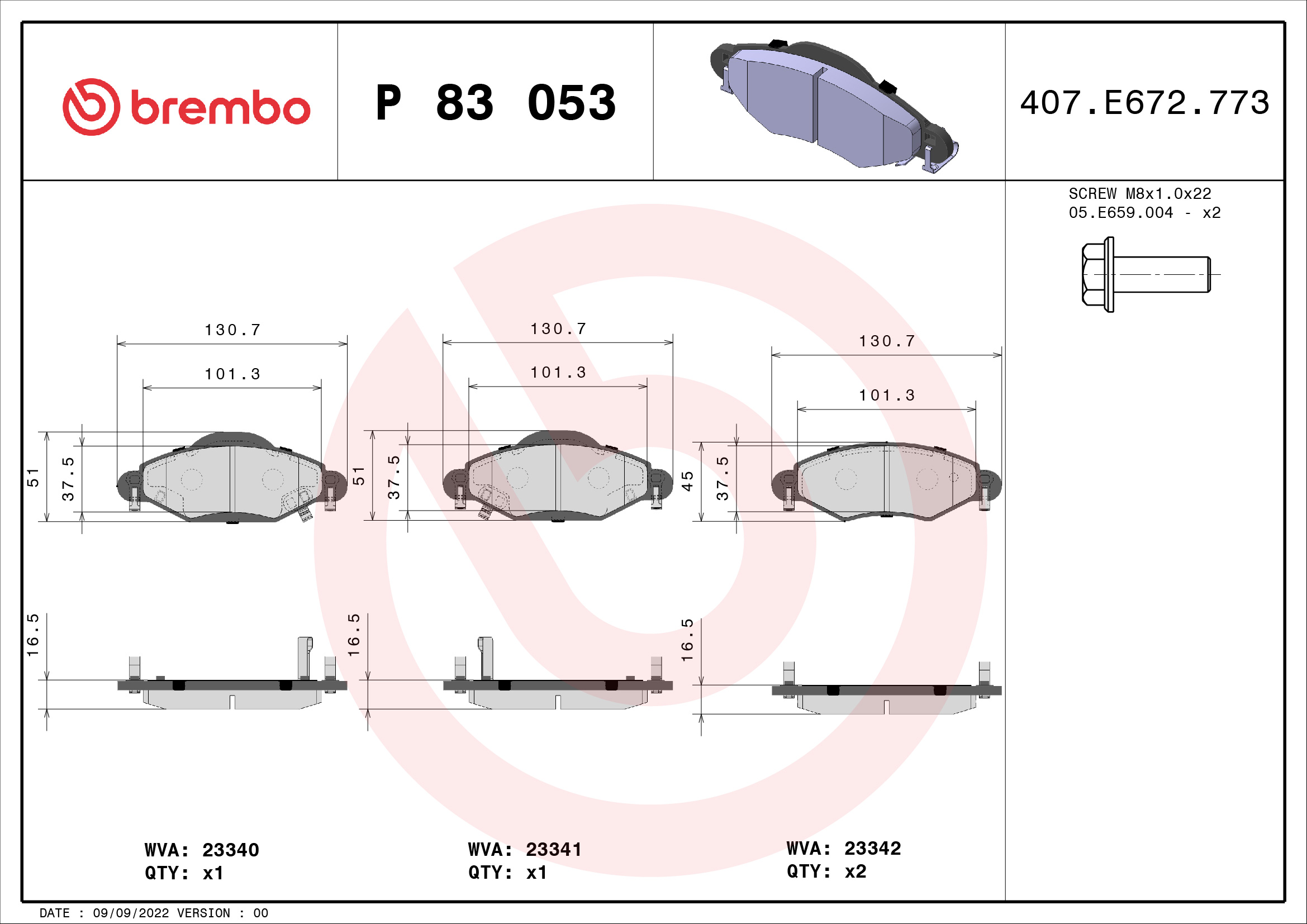 Jogo de 4 pastilhas de travão BREMBO ref. P 83 053