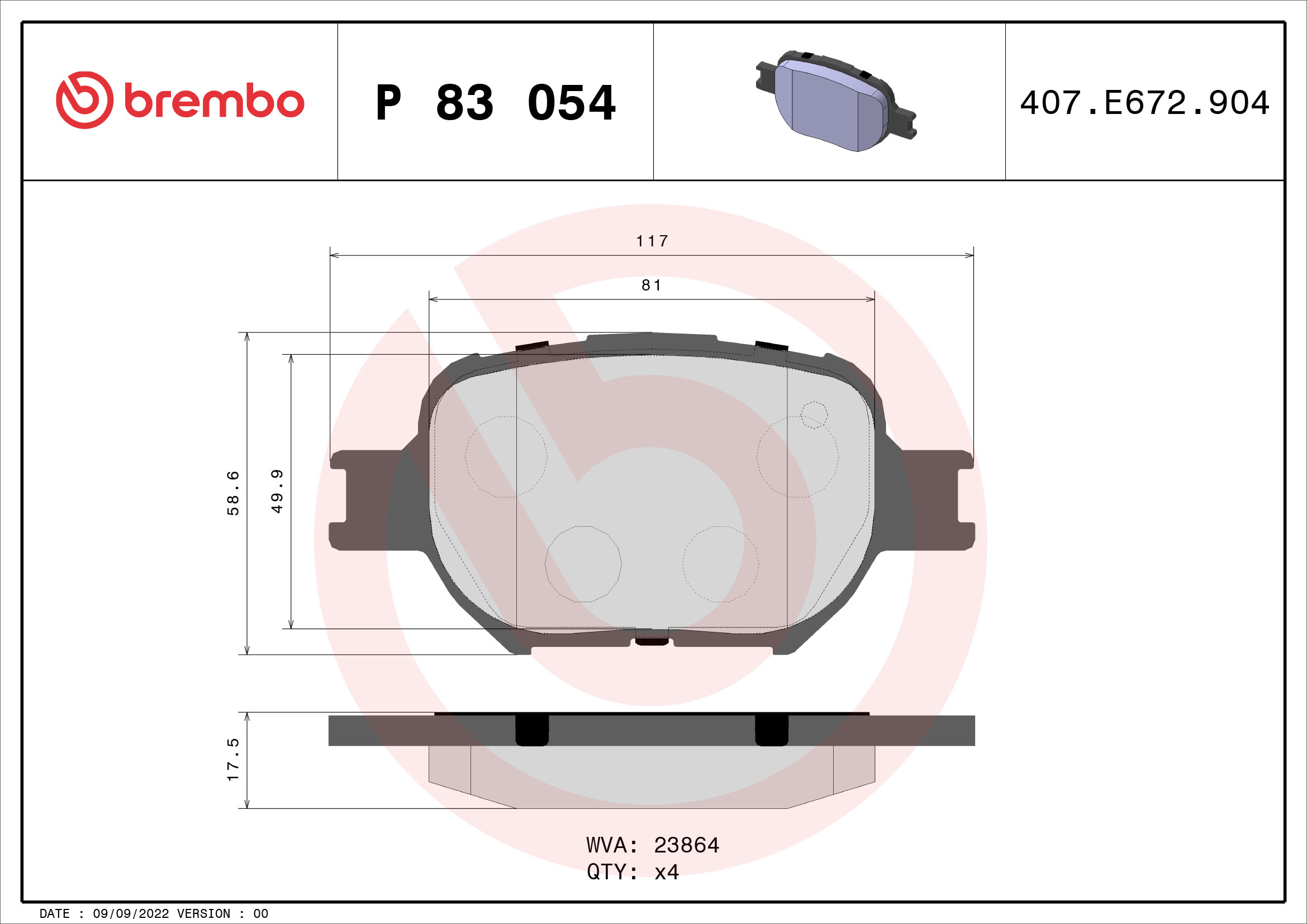 Jogo de 4 pastilhas de travão BREMBO ref. P 83 054