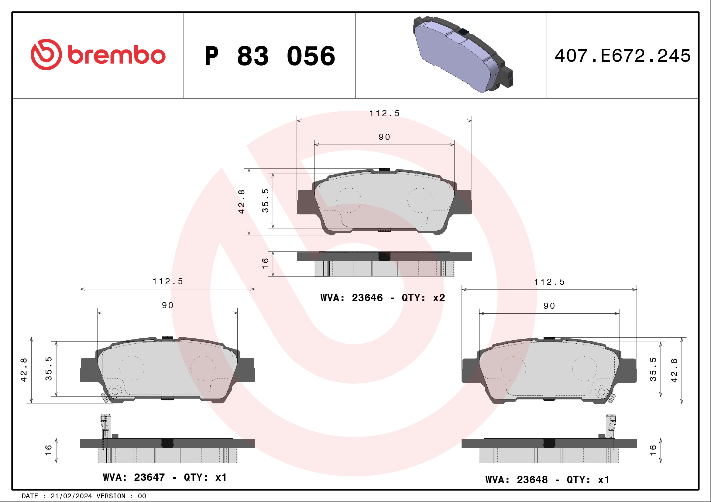 Jogo de 4 pastilhas de travão BREMBO ref. P 83 056