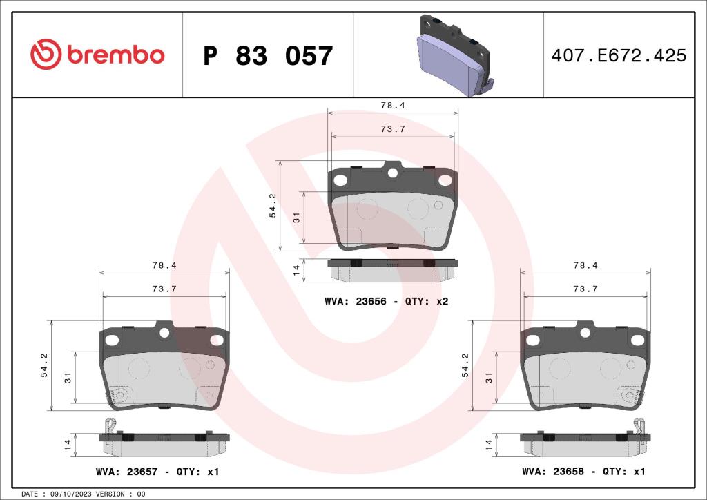 Jogo de 4 pastilhas de travão BREMBO ref. P 83 057