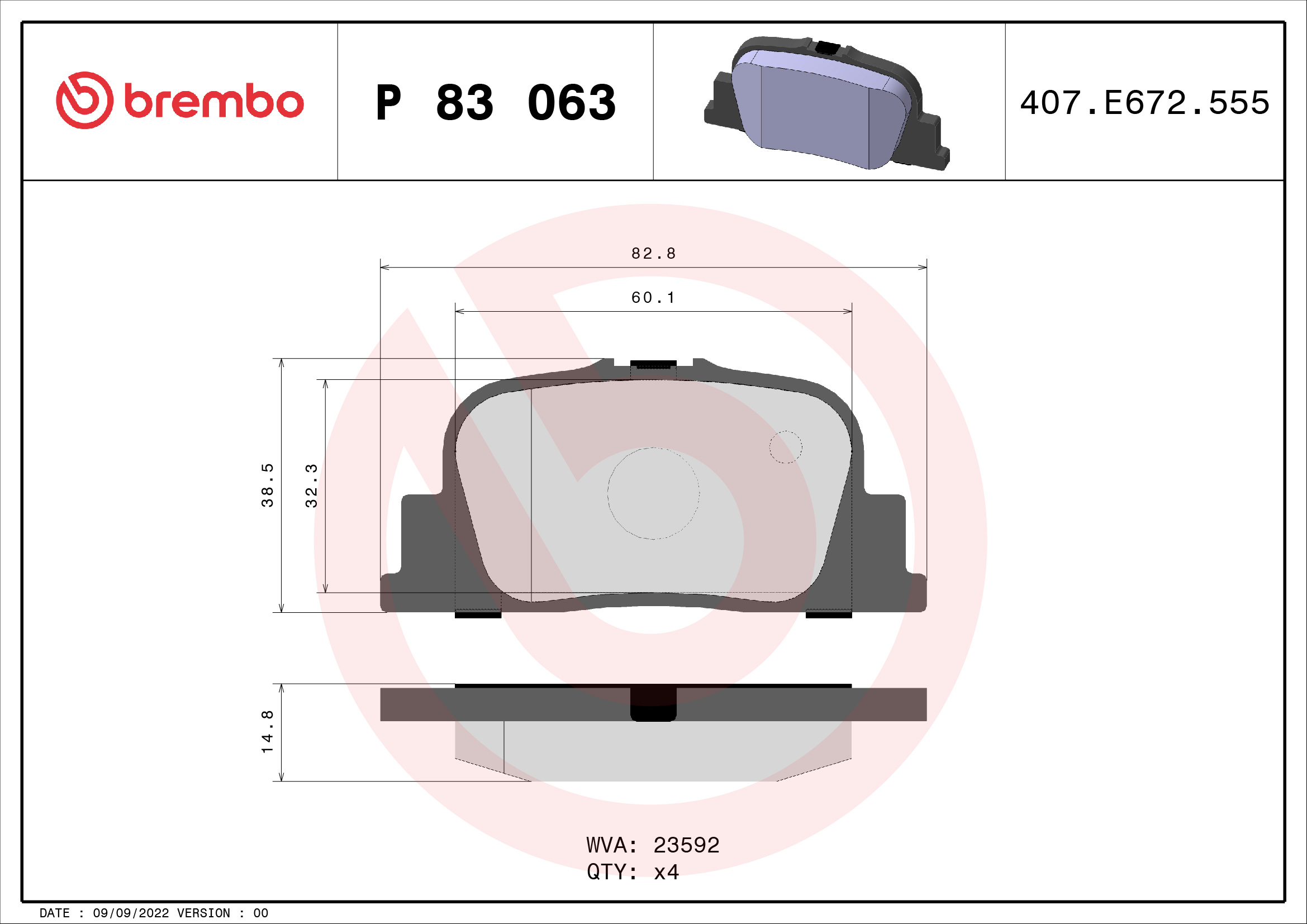 Jogo de 4 pastilhas de travão BREMBO ref. P 83 063