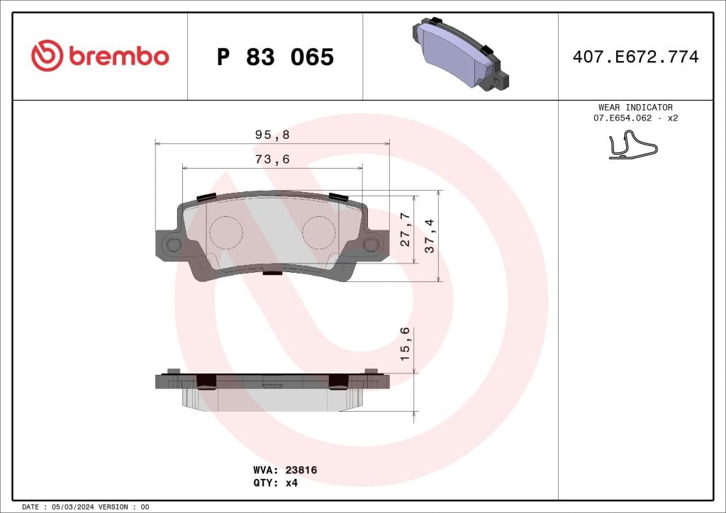 Jeu de 4 plaquettes de frein BREMBO ref. P 83 065