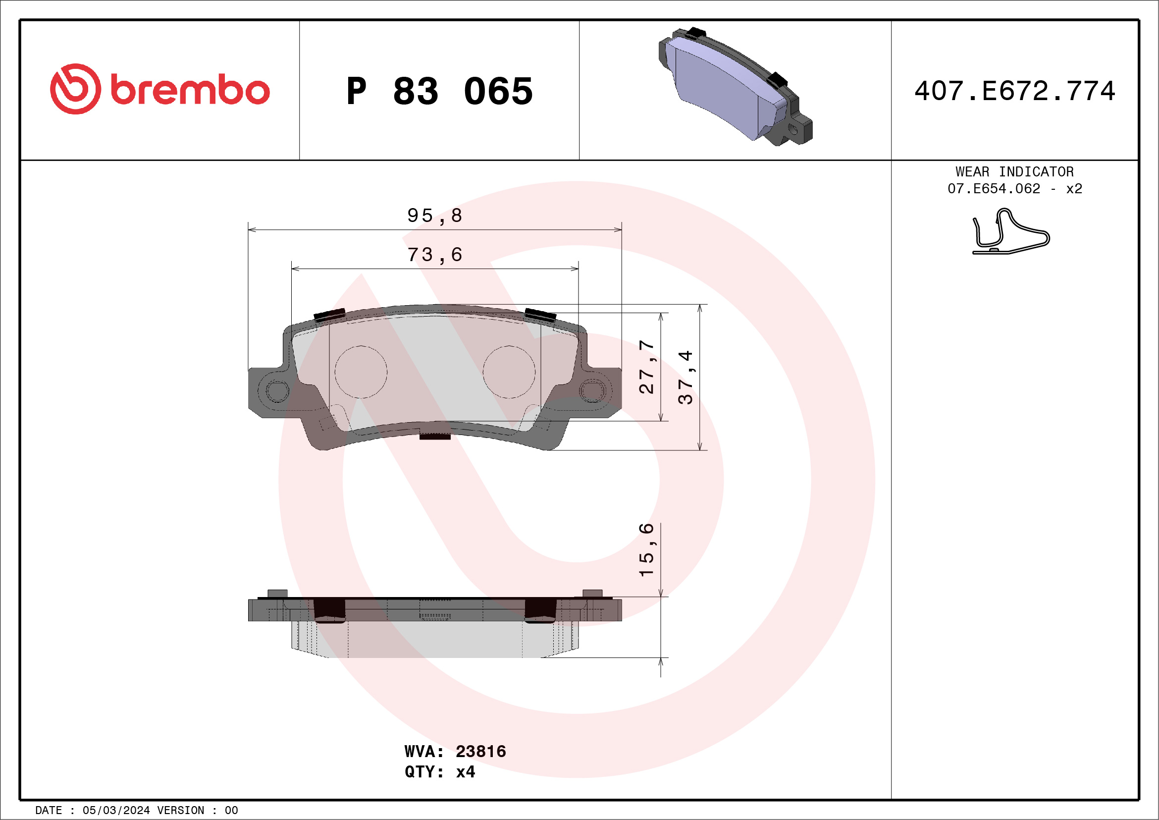 Jeu de 4 plaquettes de frein BREMBO ref. P 83 065