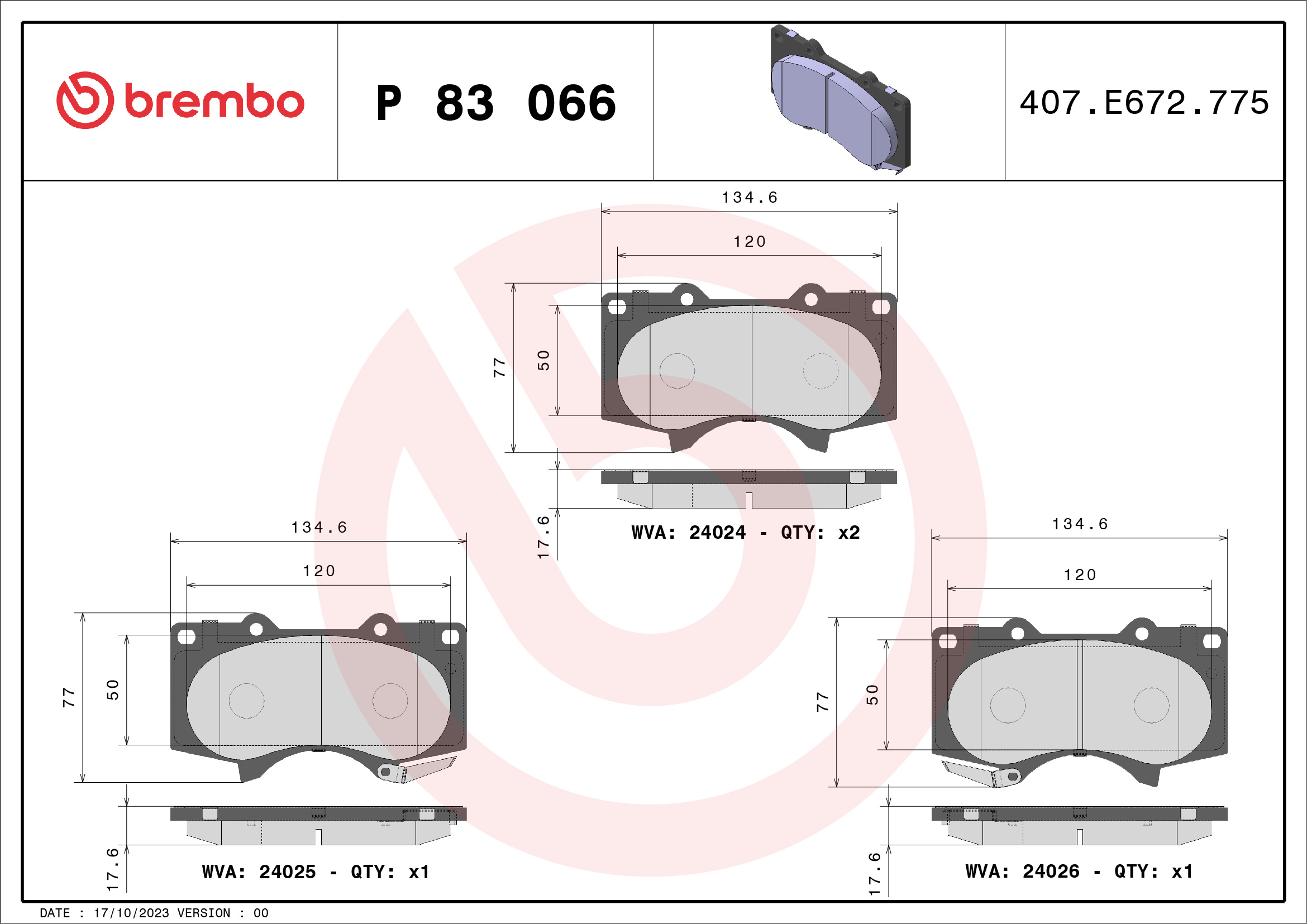 Jeu de 4 plaquettes de frein BREMBO ref. P 83 066