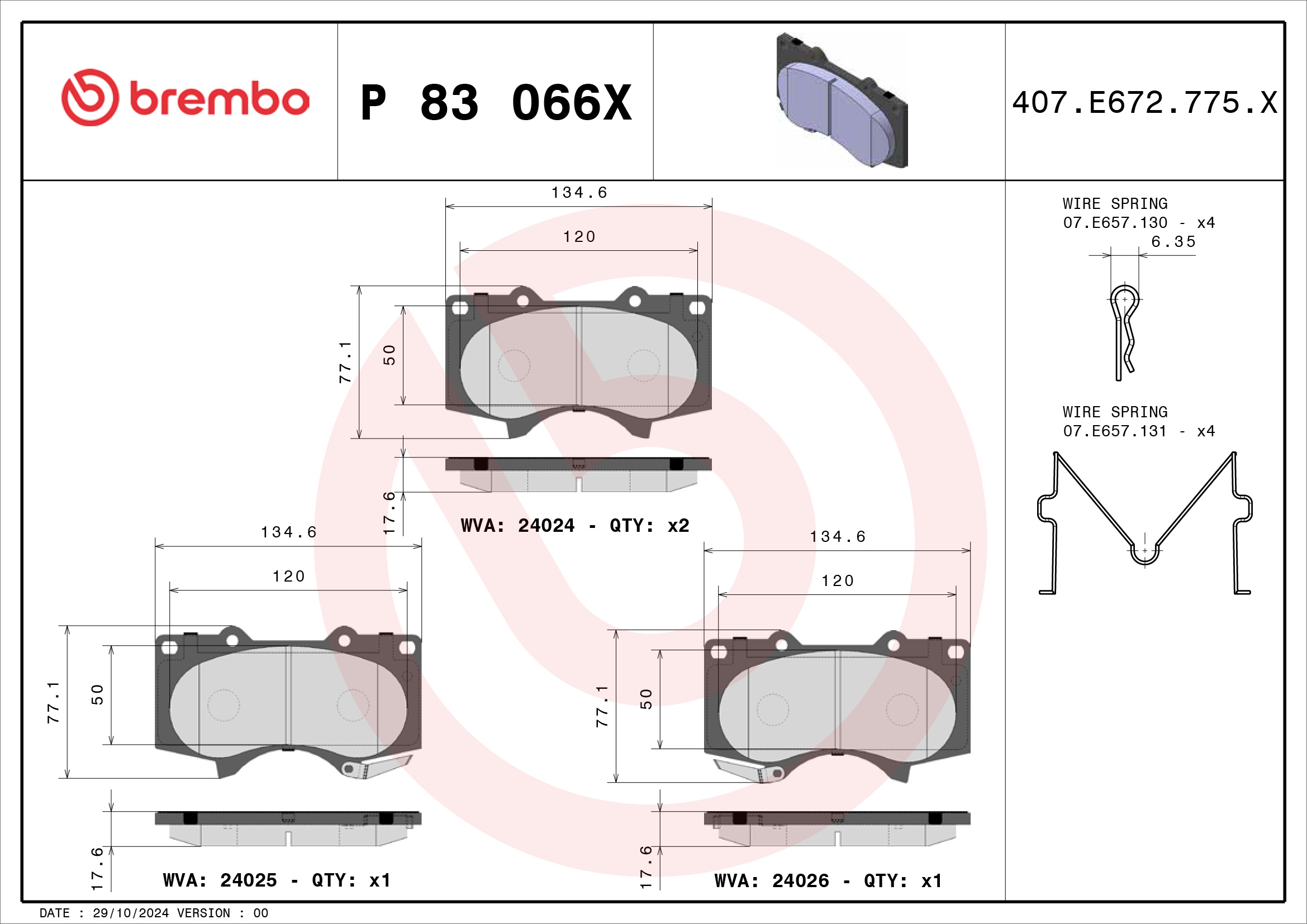 Jeu de 4 plaquettes de frein BREMBO ref. P 83 066X