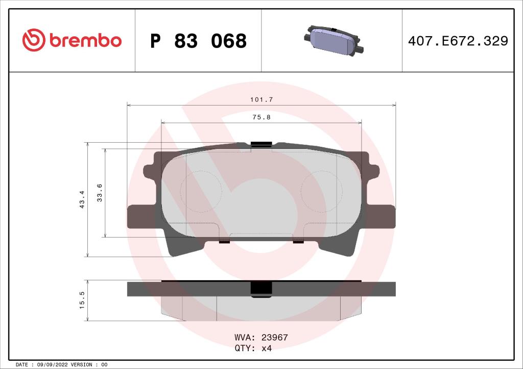 Jogo de 4 pastilhas de travão BREMBO ref. P 83 068