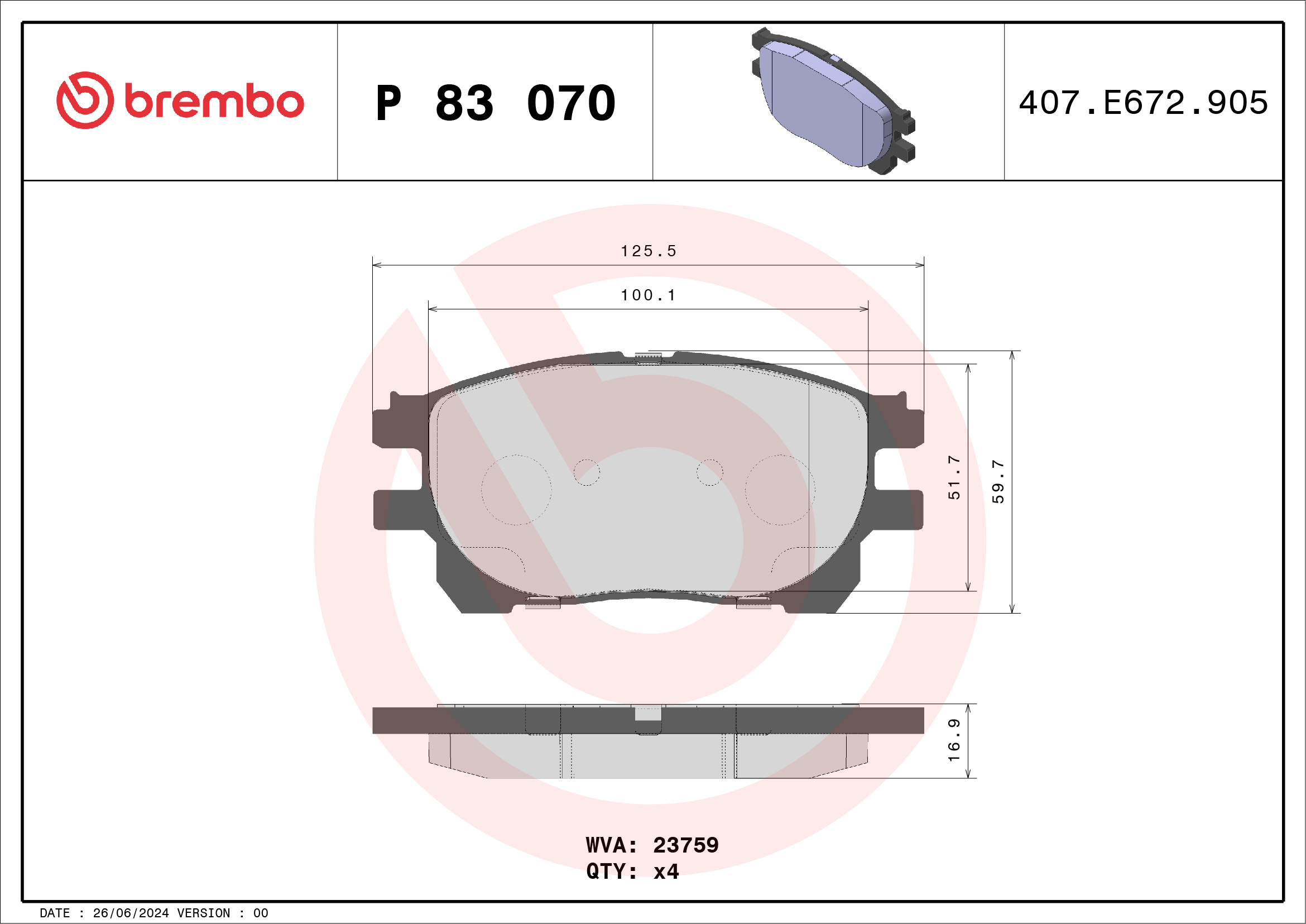 Jeu de 4 plaquettes de frein BREMBO ref. P 83 070
