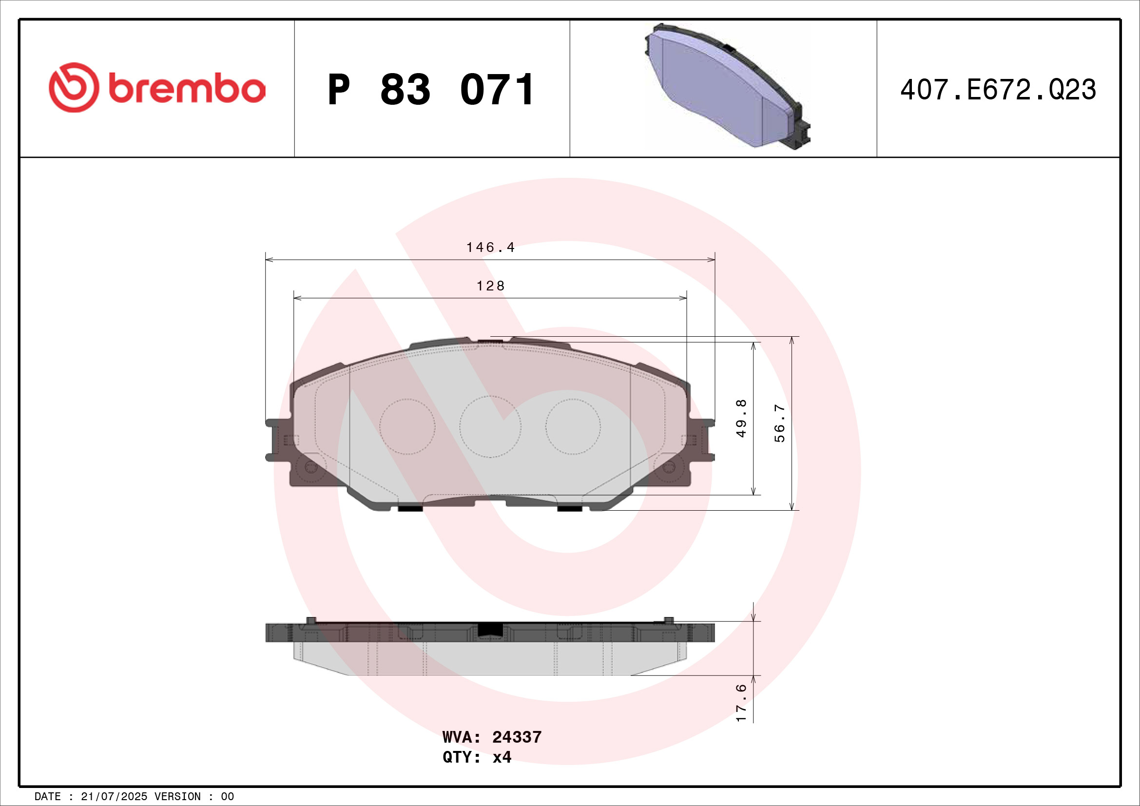 Jogo de 4 pastilhas de travão BREMBO ref. P 83 071