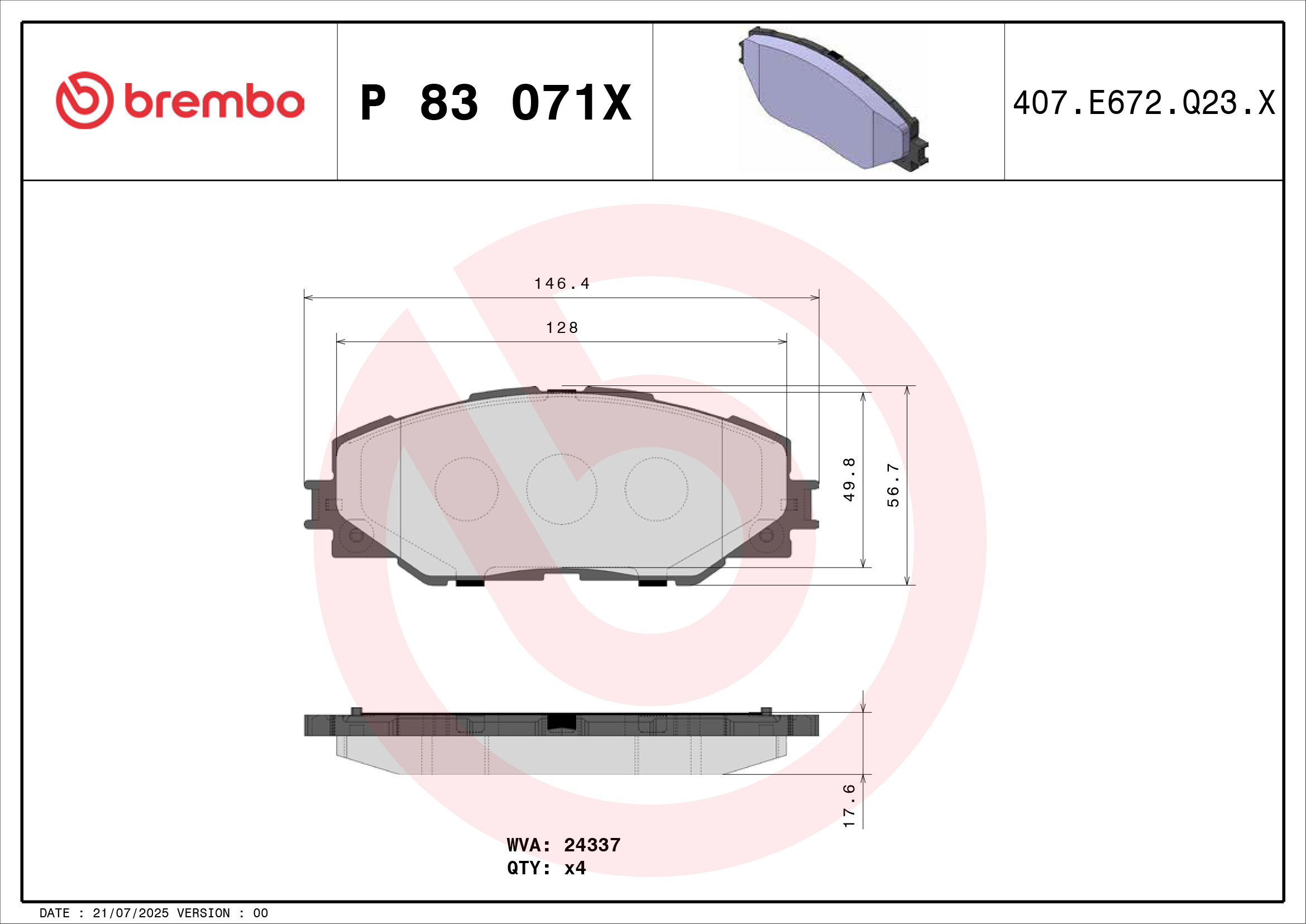 Jogo de 4 pastilhas de travão BREMBO ref. P 83 071X