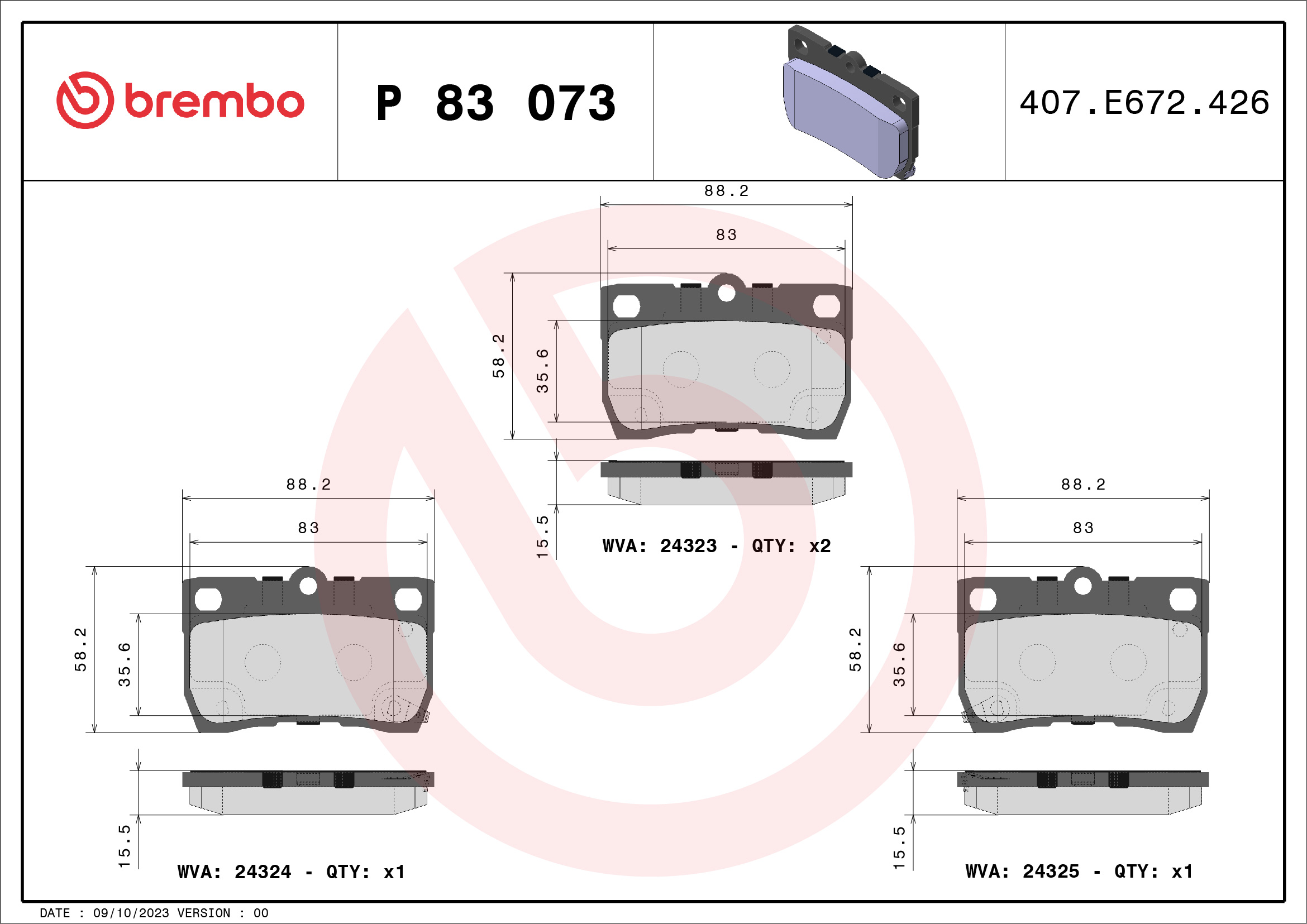 Jogo de 4 pastilhas de travão BREMBO ref. P 83 073