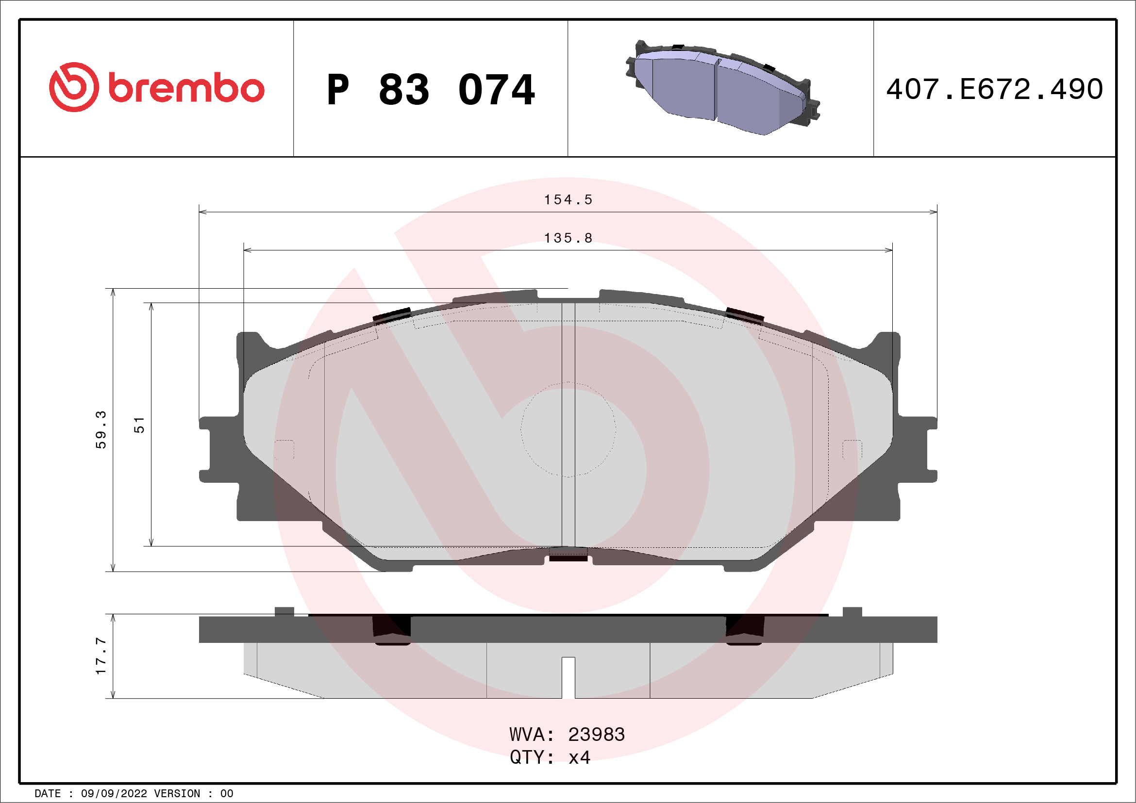 Jogo de 4 pastilhas de travão BREMBO ref. P 83 074