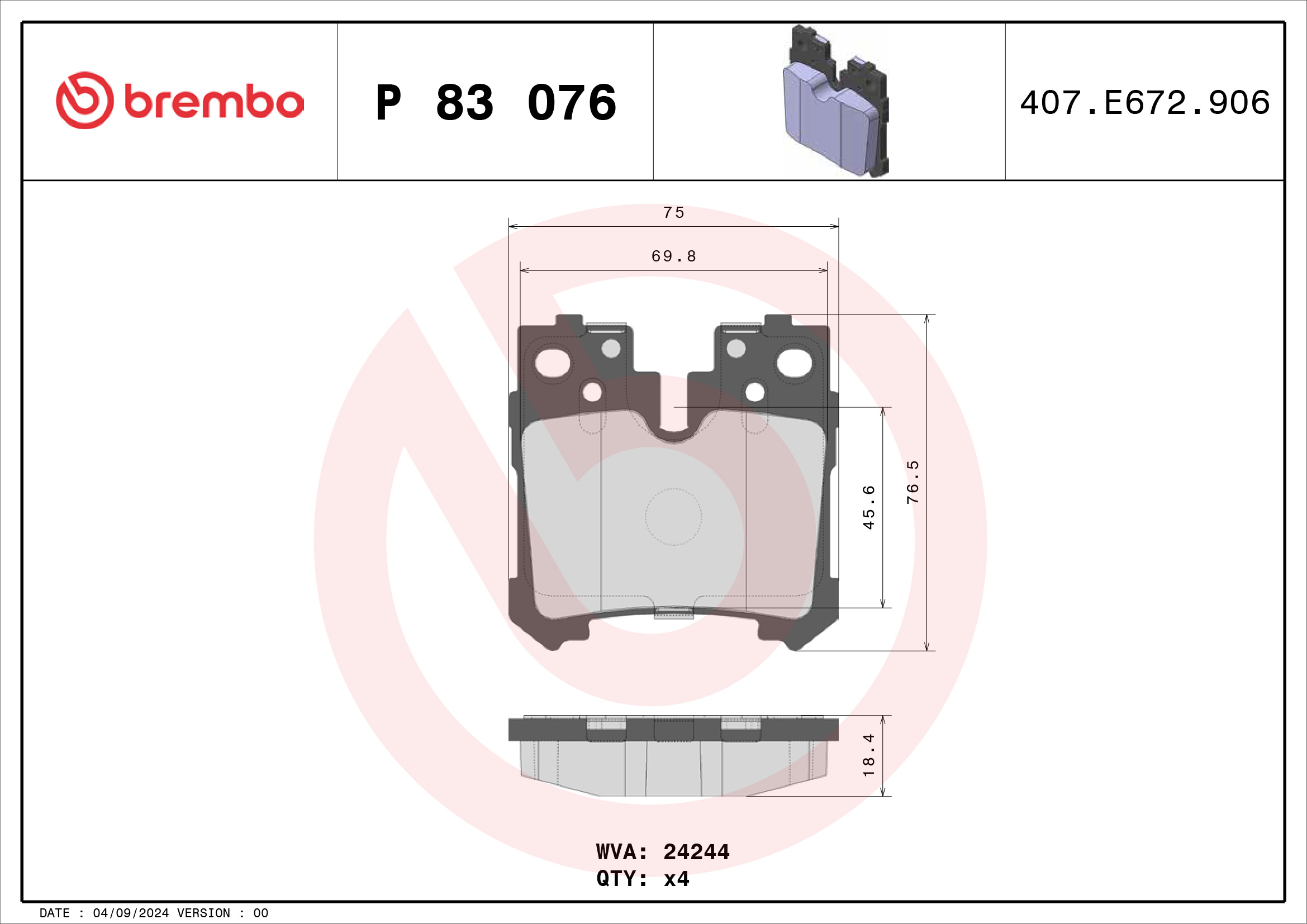 Jogo de 4 pastilhas de travão BREMBO ref. P 83 076