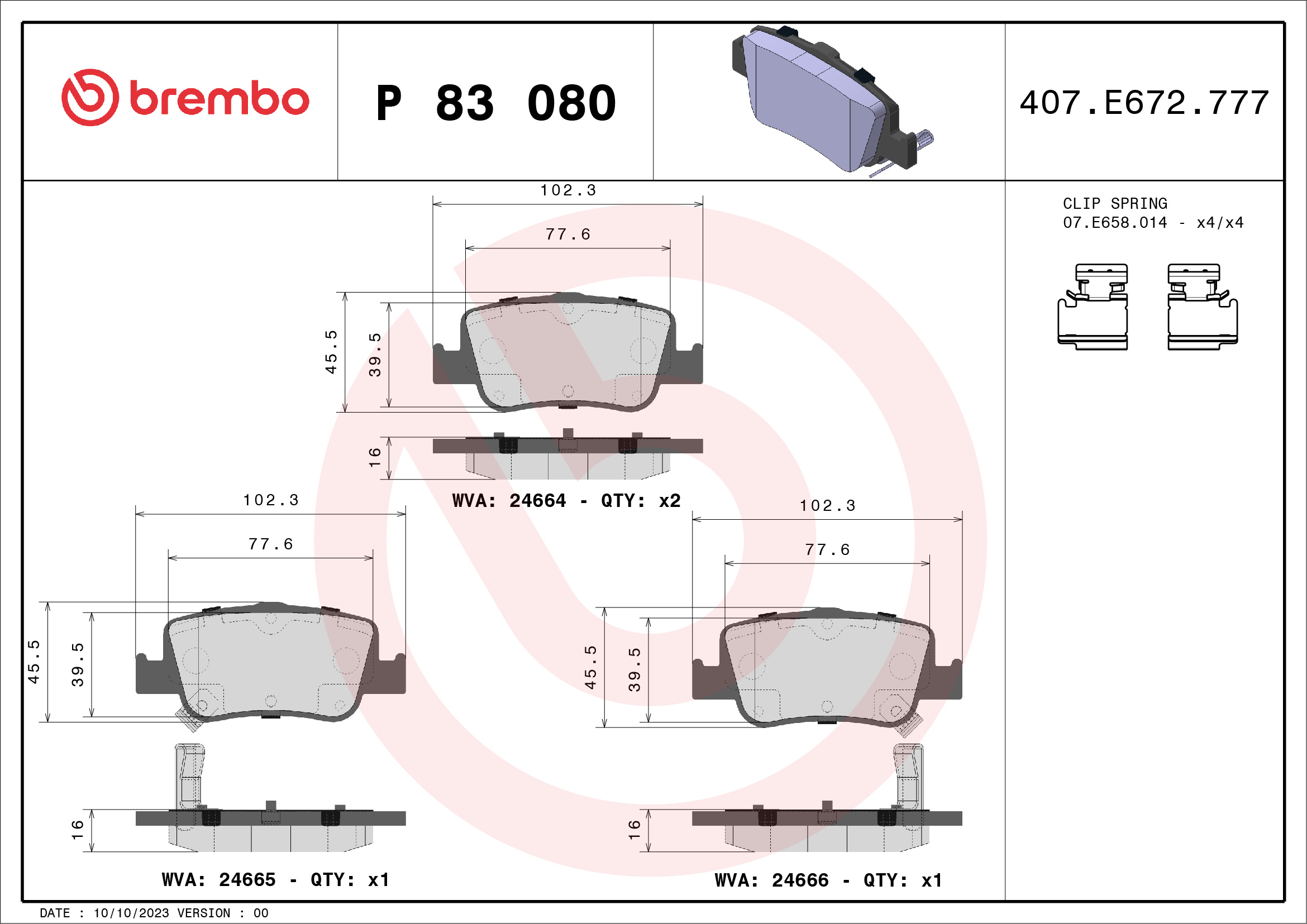 Jeu de 4 plaquettes de frein BREMBO ref. P 83 080