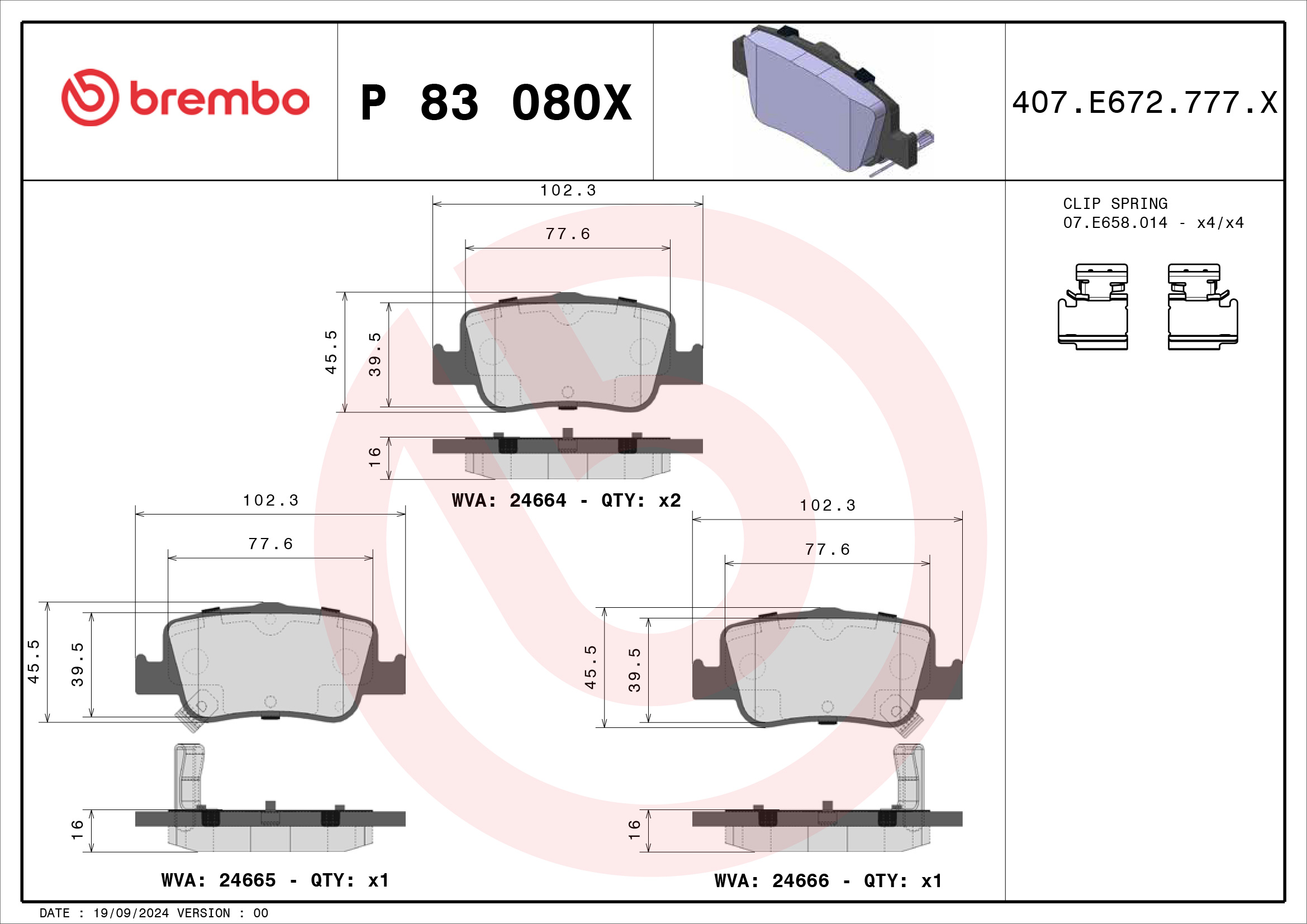 Jogo de 4 pastilhas de travão BREMBO ref. P 83 080X