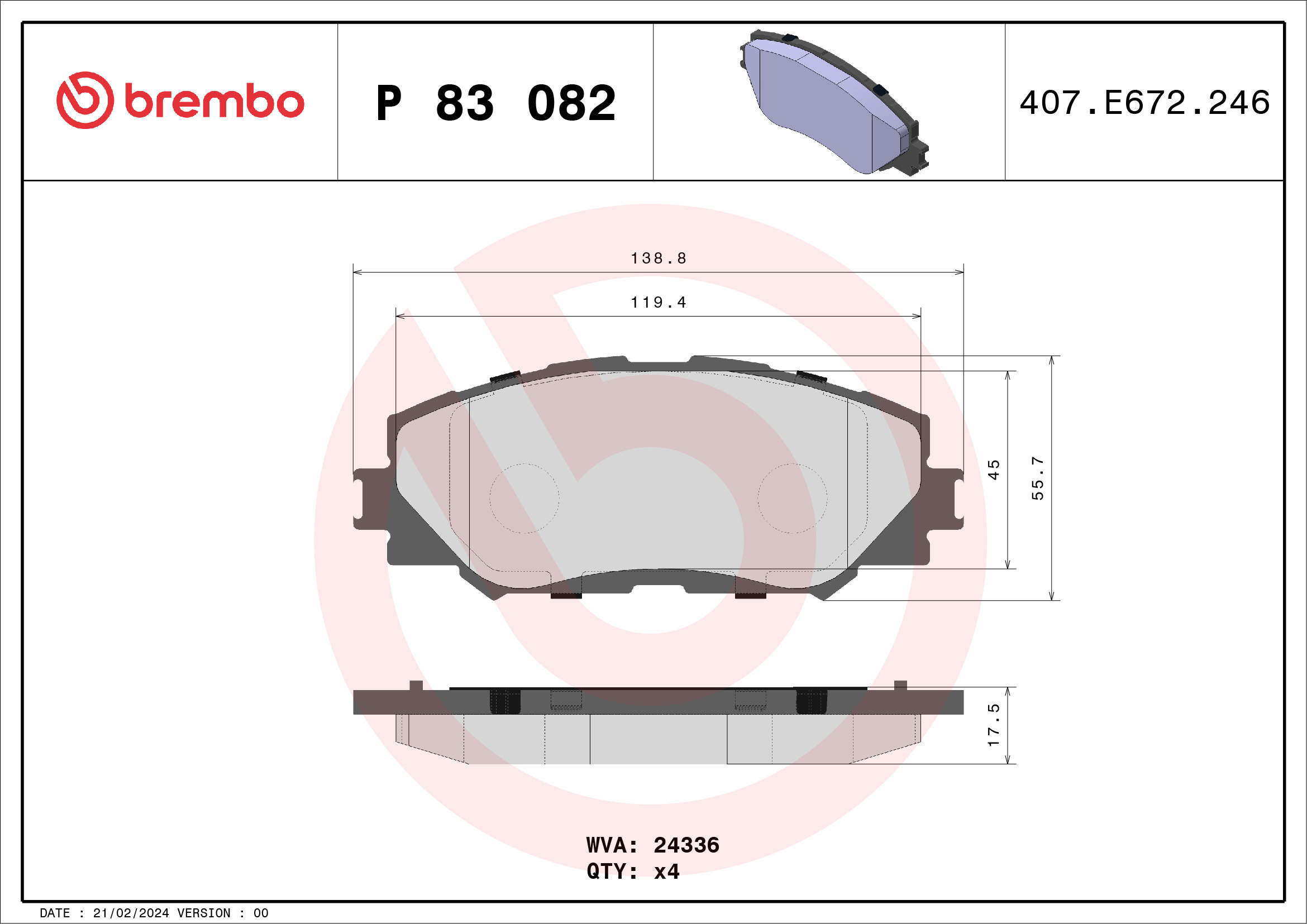 Jeu de 4 plaquettes de frein BREMBO ref. P 83 082
