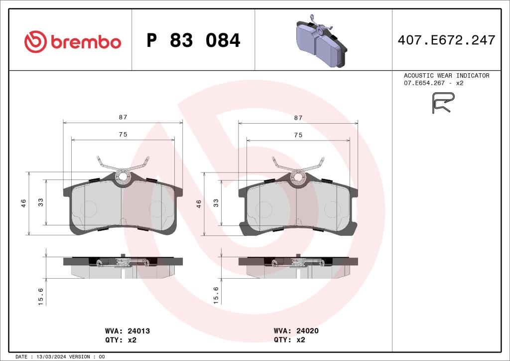 Jogo de 4 pastilhas de travão BREMBO ref. P 83 084