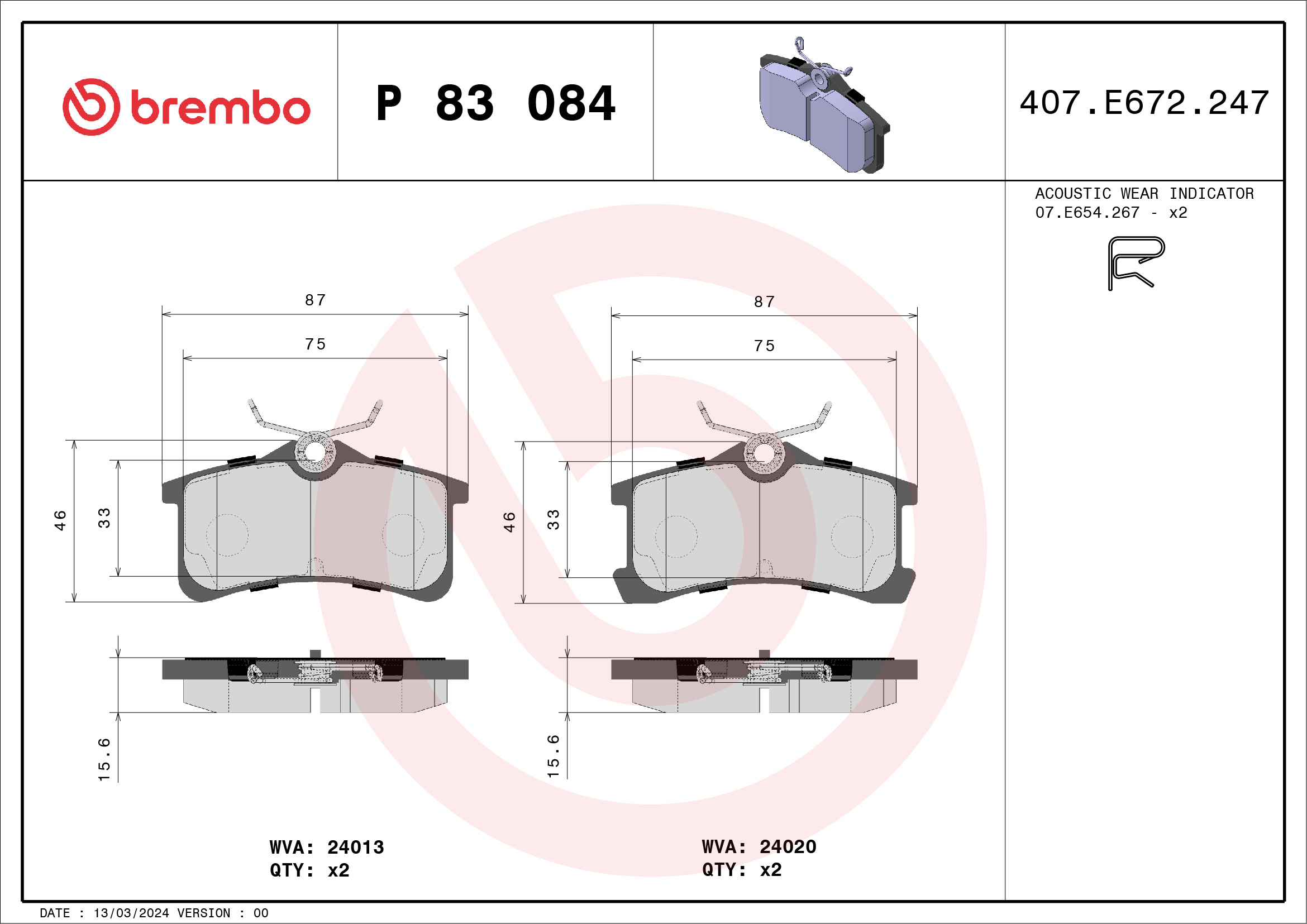 Jogo de 4 pastilhas de travão BREMBO ref. P 83 084