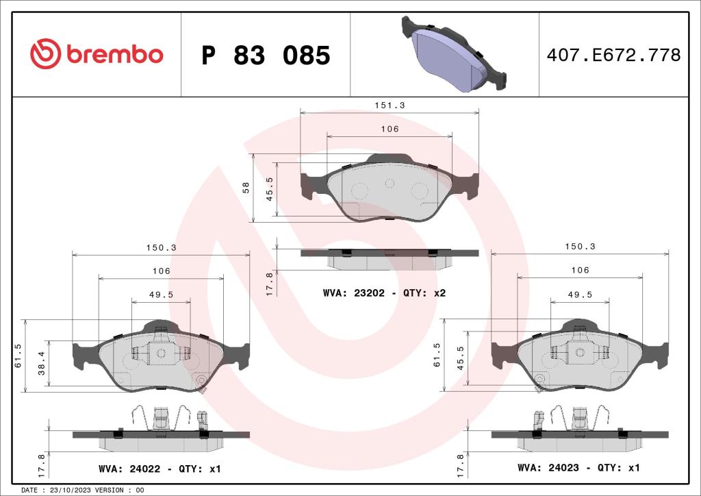 Jeu de 4 plaquettes de frein BREMBO ref. P 83 085