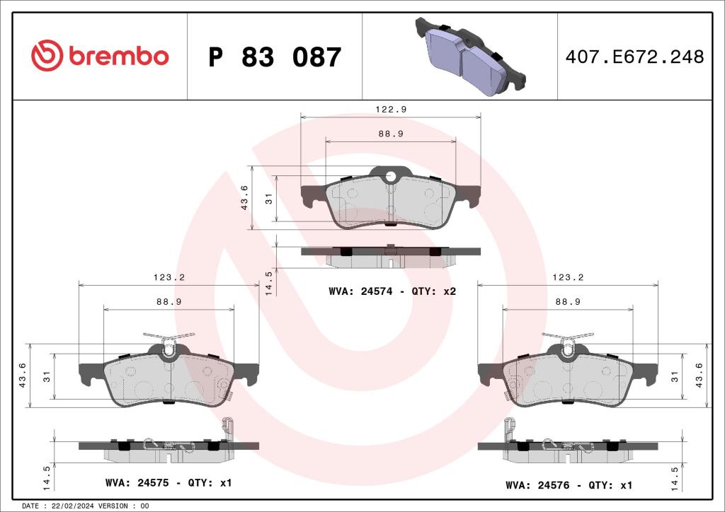 Jeu de 4 plaquettes de frein BREMBO ref. P 83 087