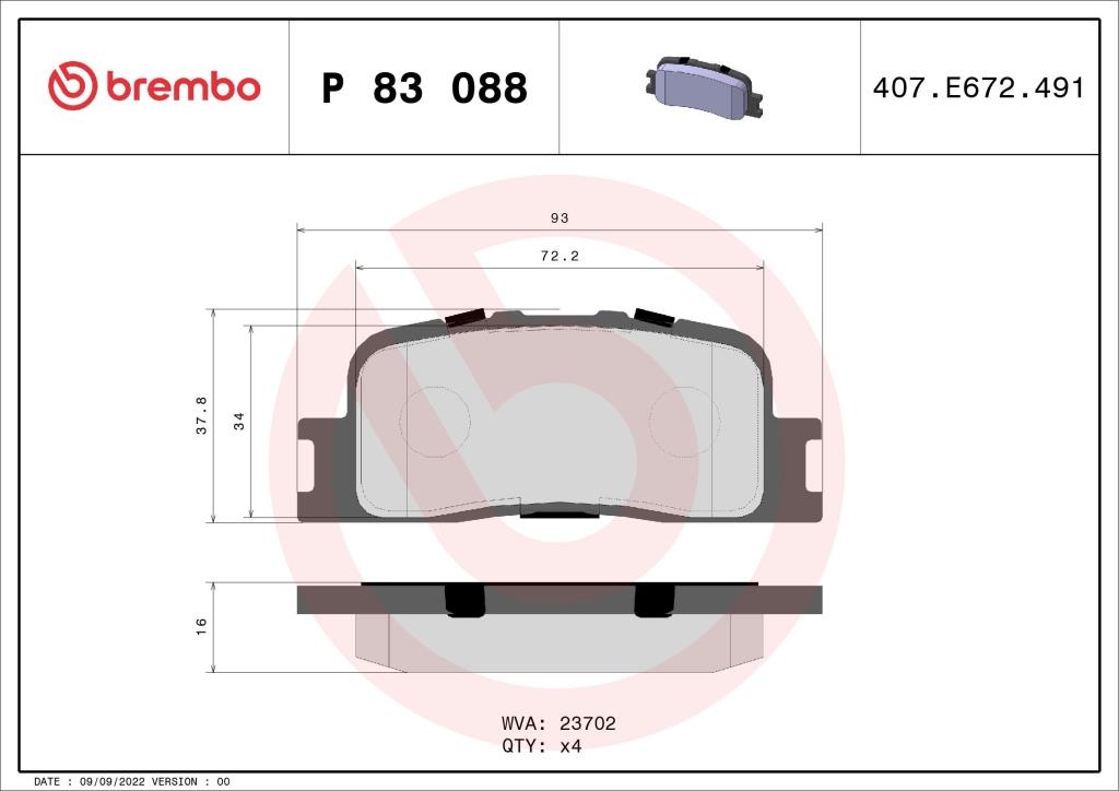Jeu de 4 plaquettes de frein BREMBO ref. P 83 088
