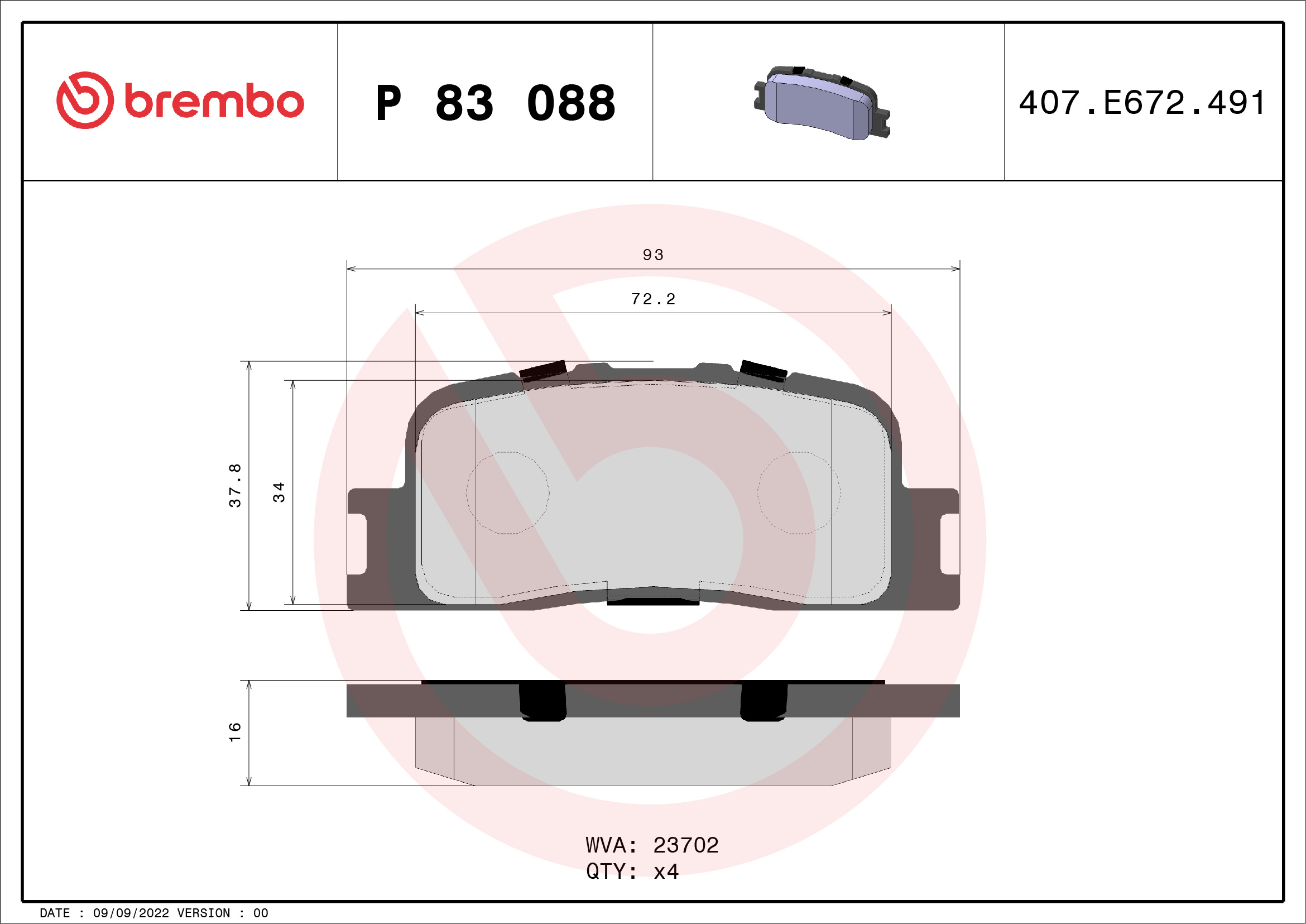 Jeu de 4 plaquettes de frein BREMBO ref. P 83 088