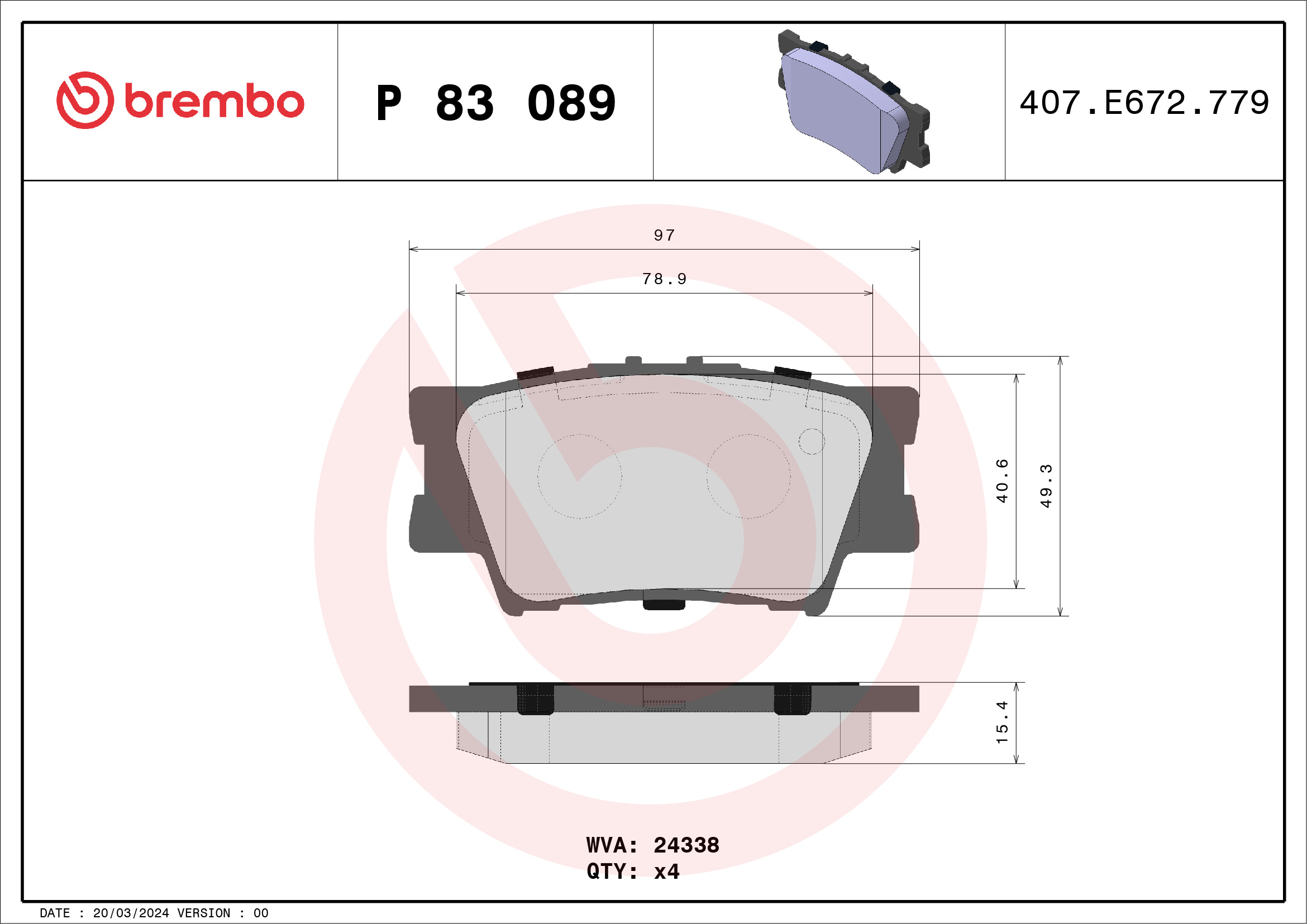 Jogo de 4 pastilhas de travão BREMBO ref. P 83 089