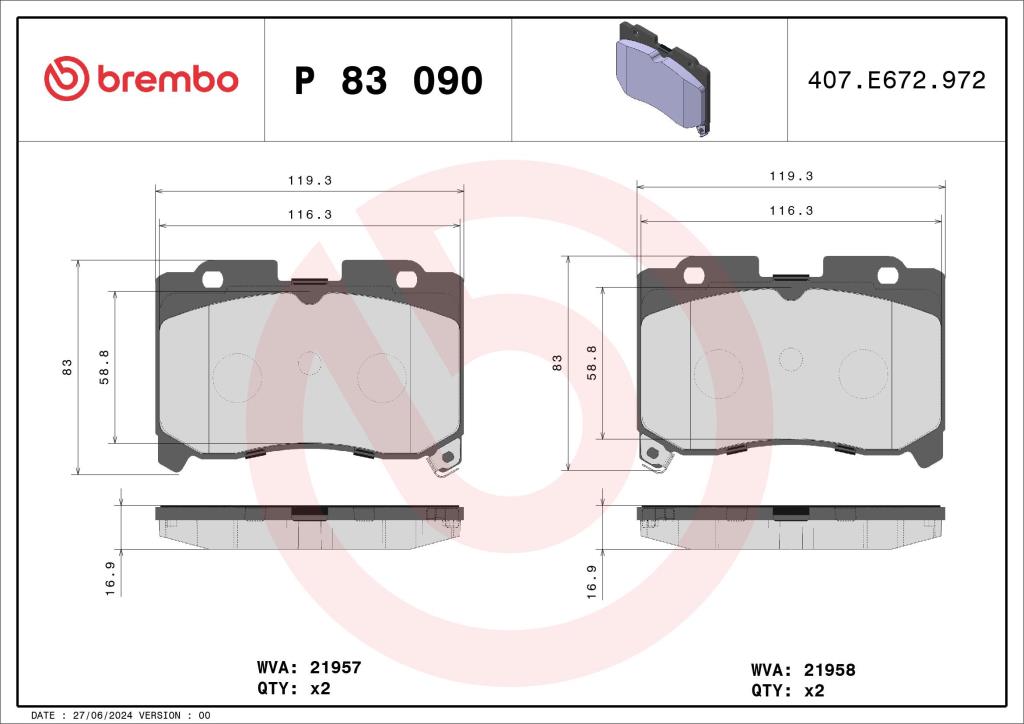 Jeu de 4 plaquettes de frein BREMBO ref. P 83 090