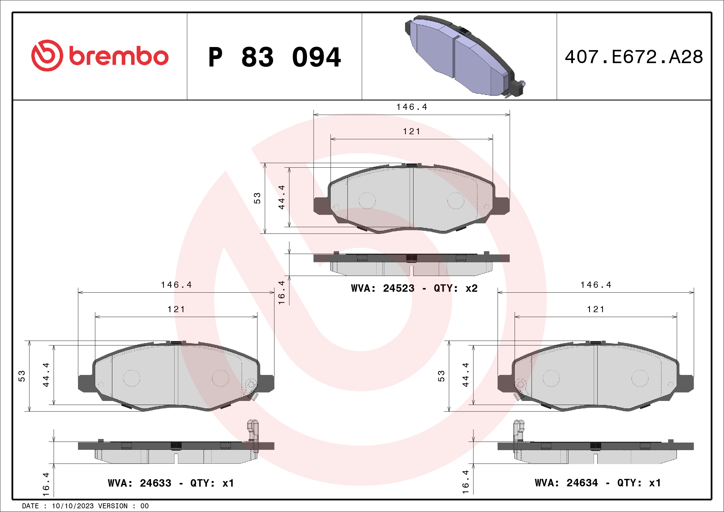Jogo de 4 pastilhas de travão BREMBO P 83 094