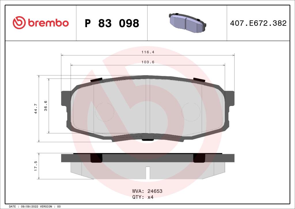 Jogo de 4 pastilhas de travão BREMBO ref. P 83 098