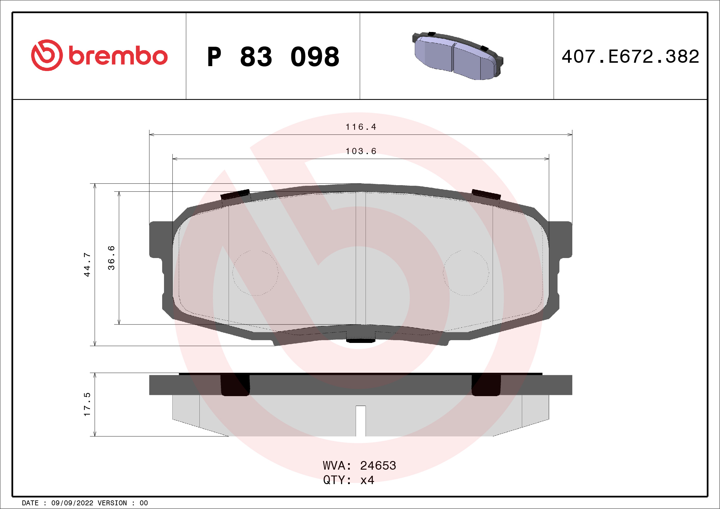 Jogo de 4 pastilhas de travão BREMBO ref. P 83 098