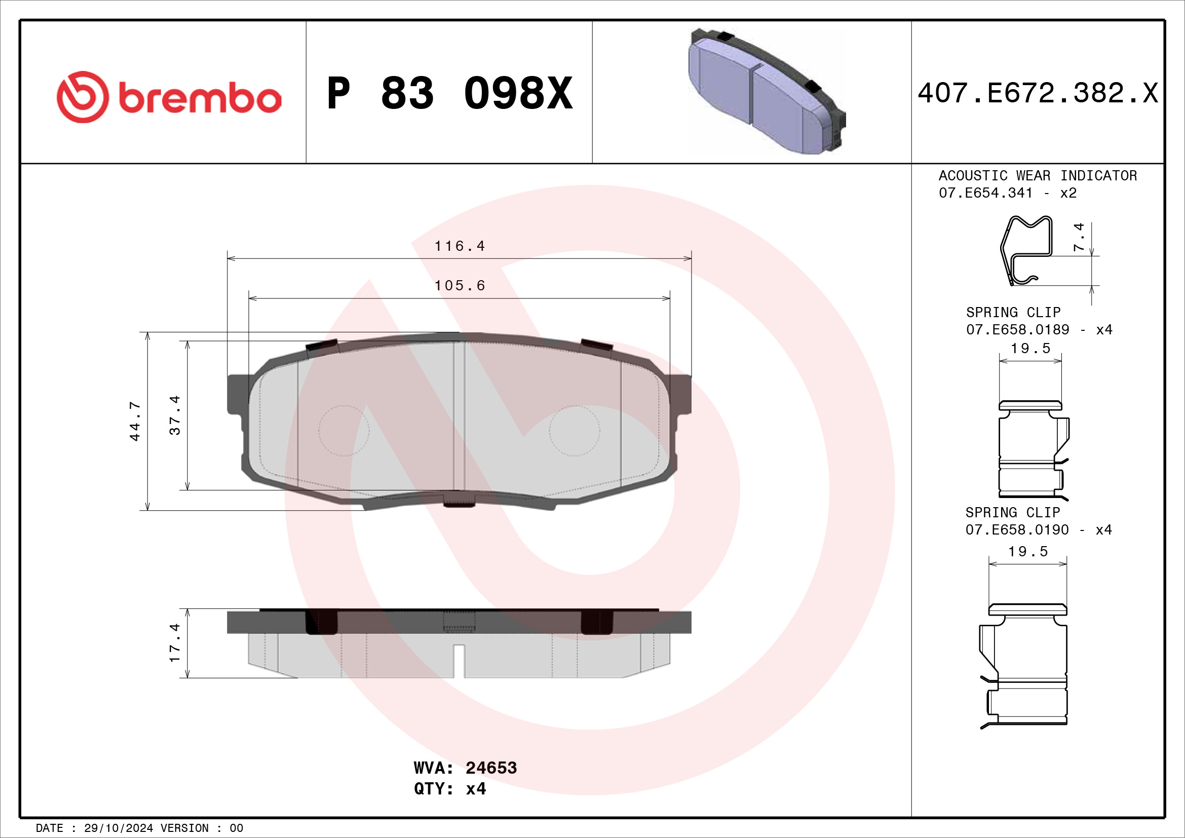 Jogo de 4 pastilhas de travão BREMBO ref. P 83 098X