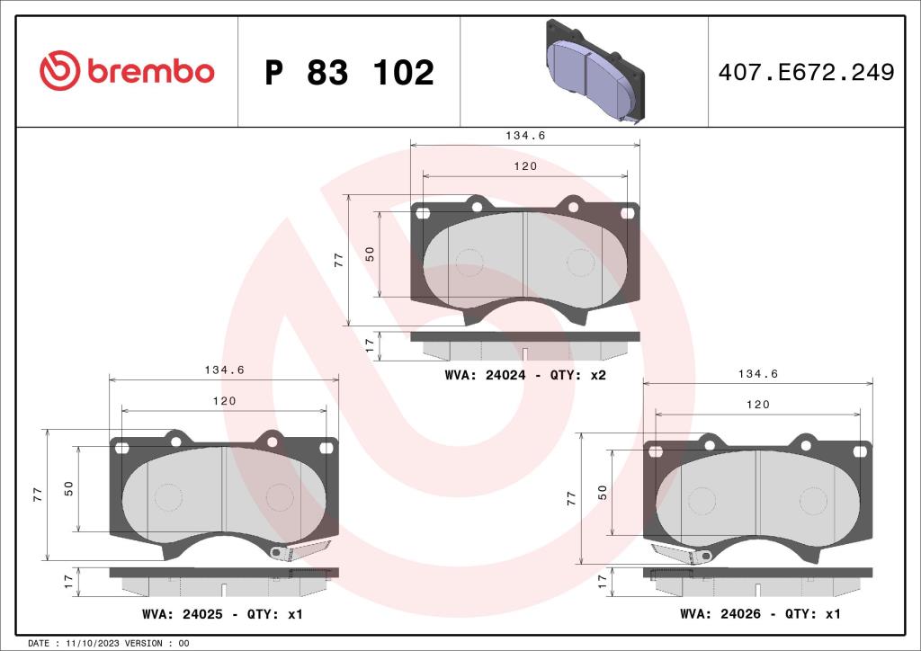 Jeu de 4 plaquettes de frein BREMBO ref. P 83 102