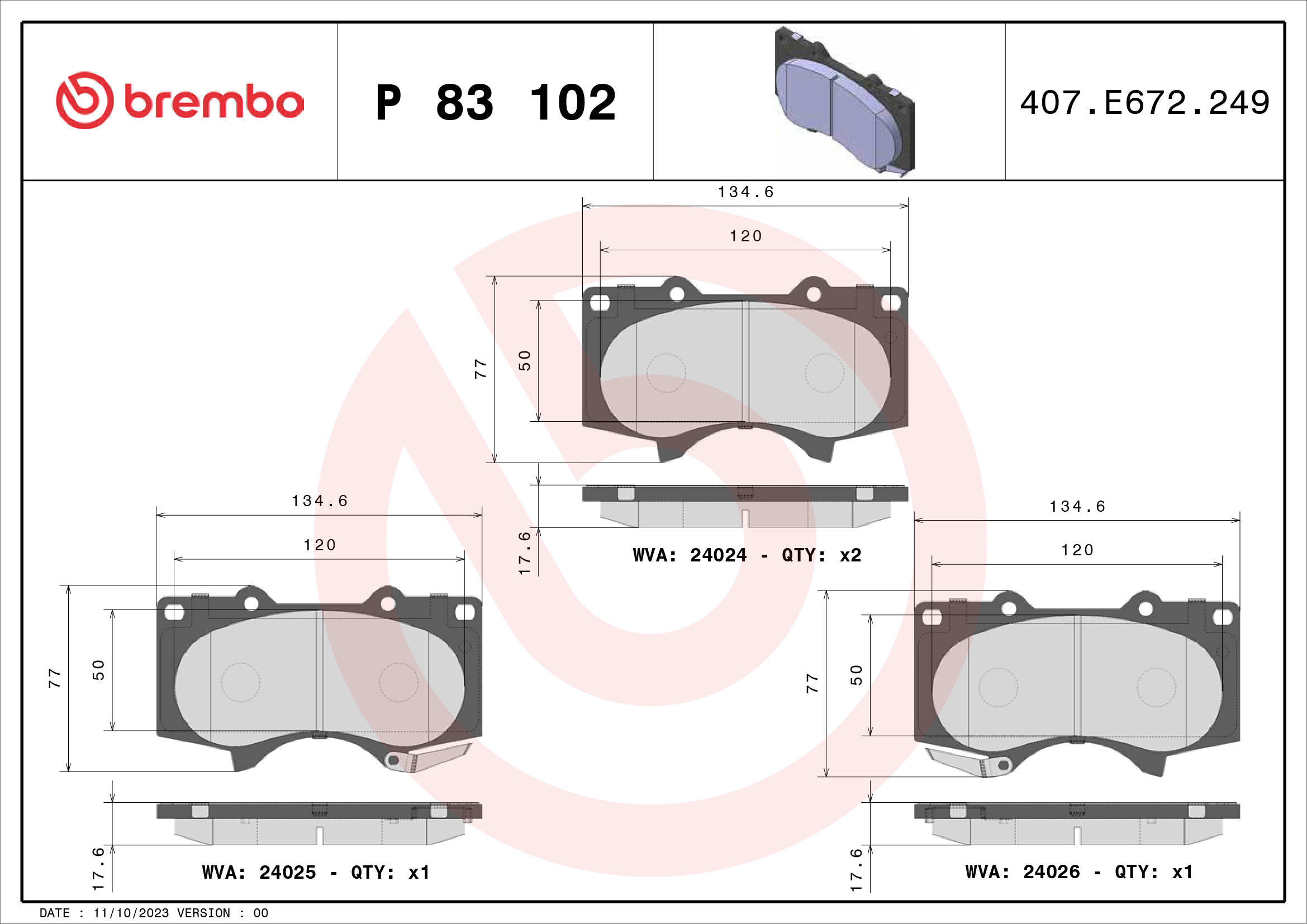 Jeu de 4 plaquettes de frein BREMBO ref. P 83 102