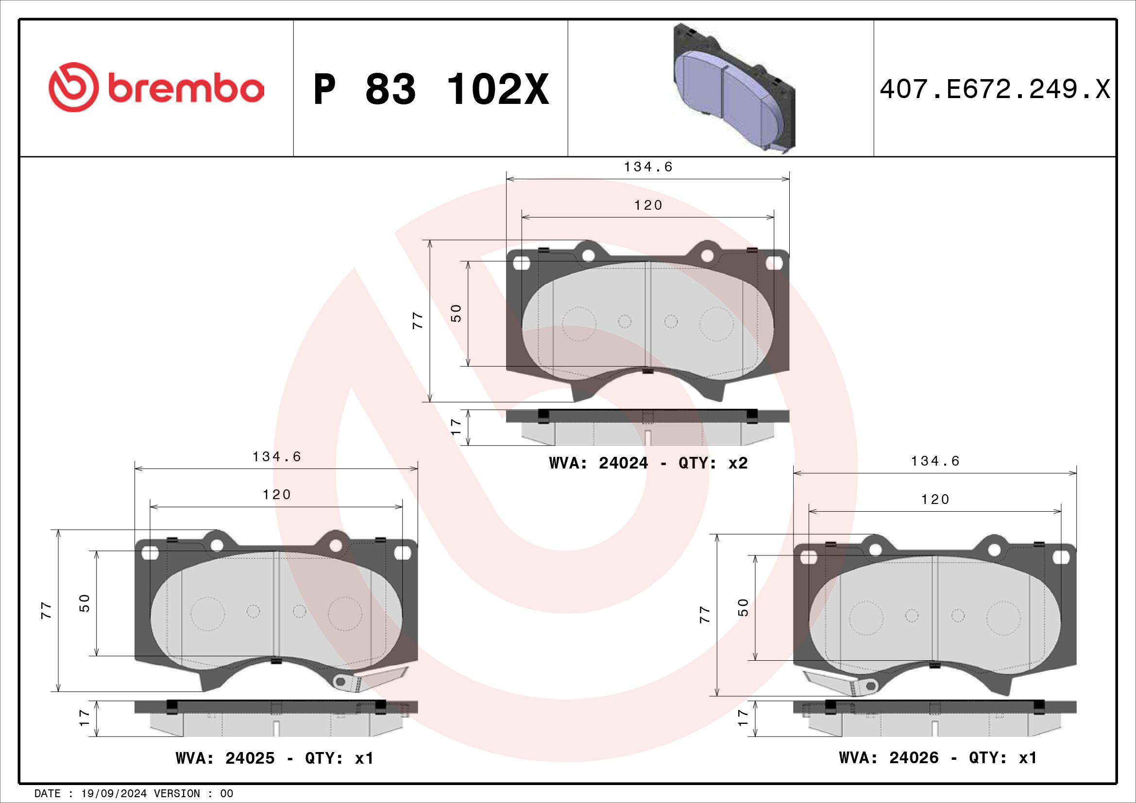 Jogo de 4 pastilhas de travão BREMBO ref. P 83 102X
