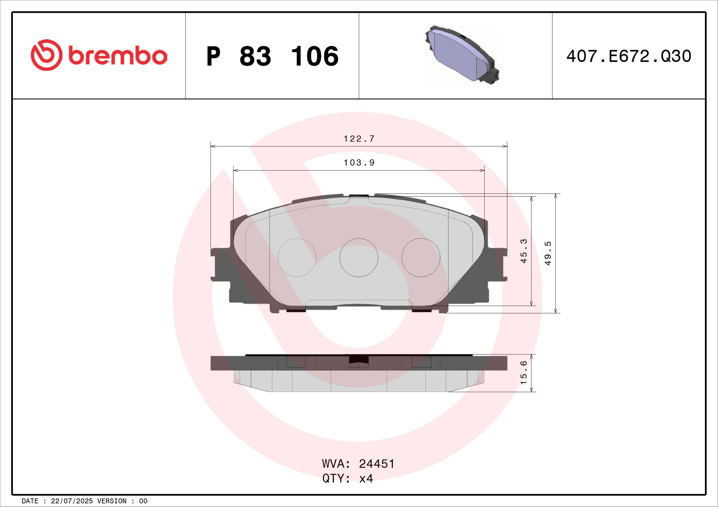 Jogo de 4 pastilhas de travão BREMBO ref. P 83 106