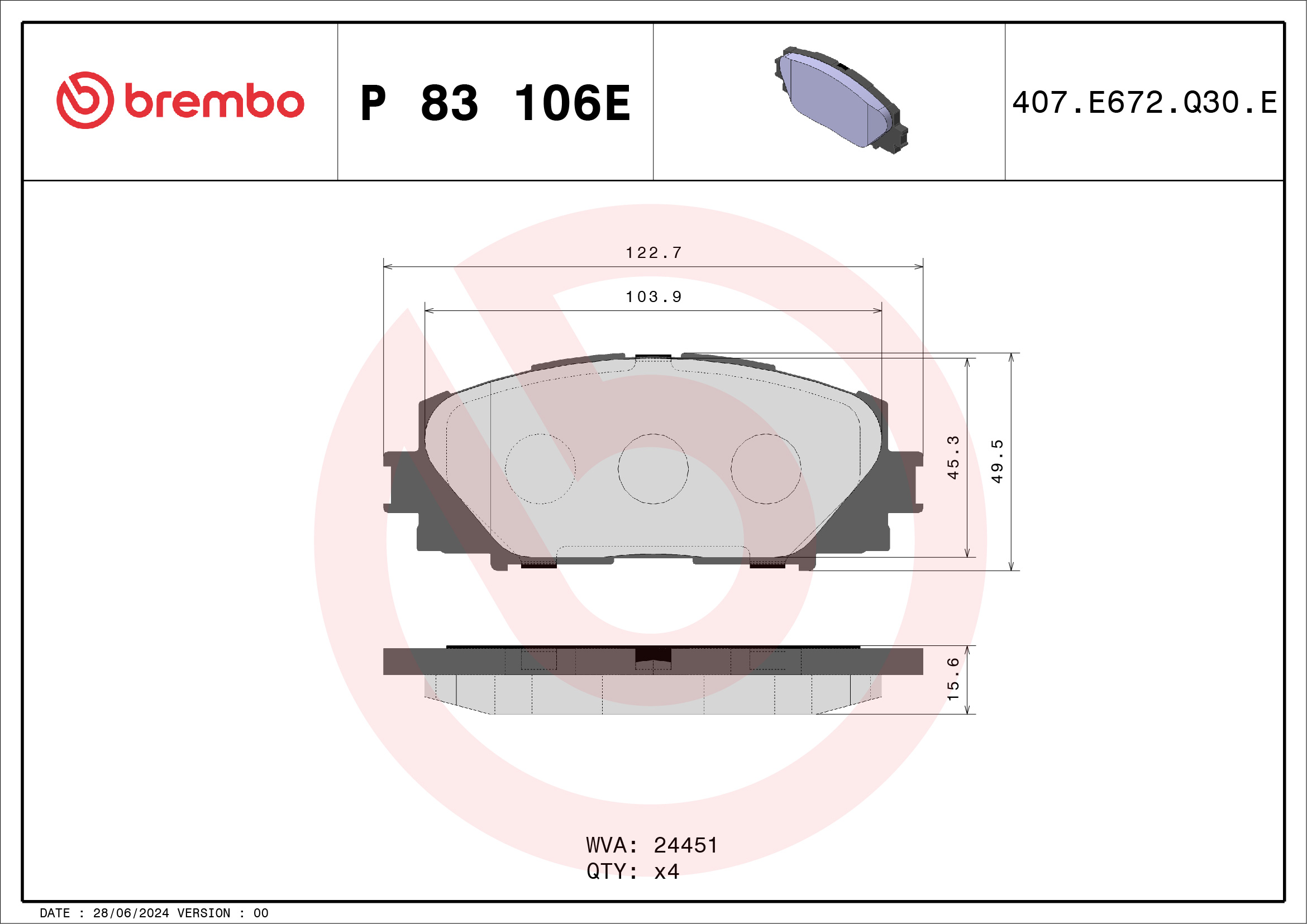 Jogo de 4 pastilhas de travão BREMBO ref. P 83 106E