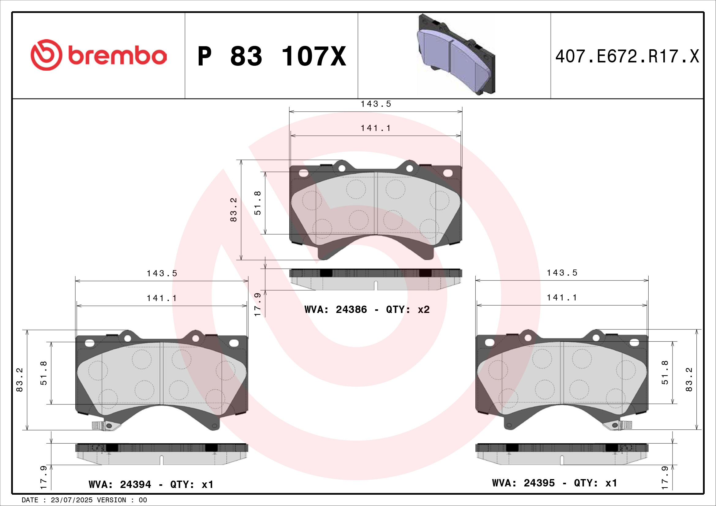 Jogo de 4 pastilhas de travão BREMBO ref. P 83 107X