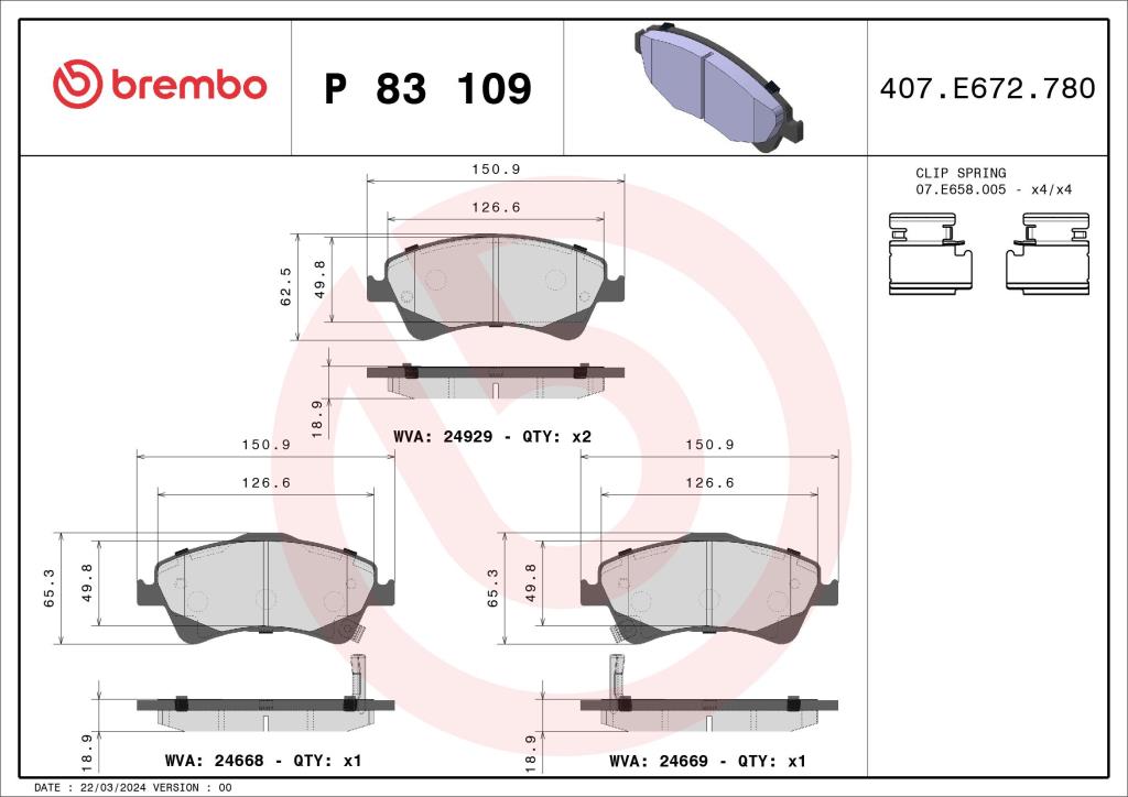 Jeu de 4 plaquettes de frein BREMBO ref. P 83 109