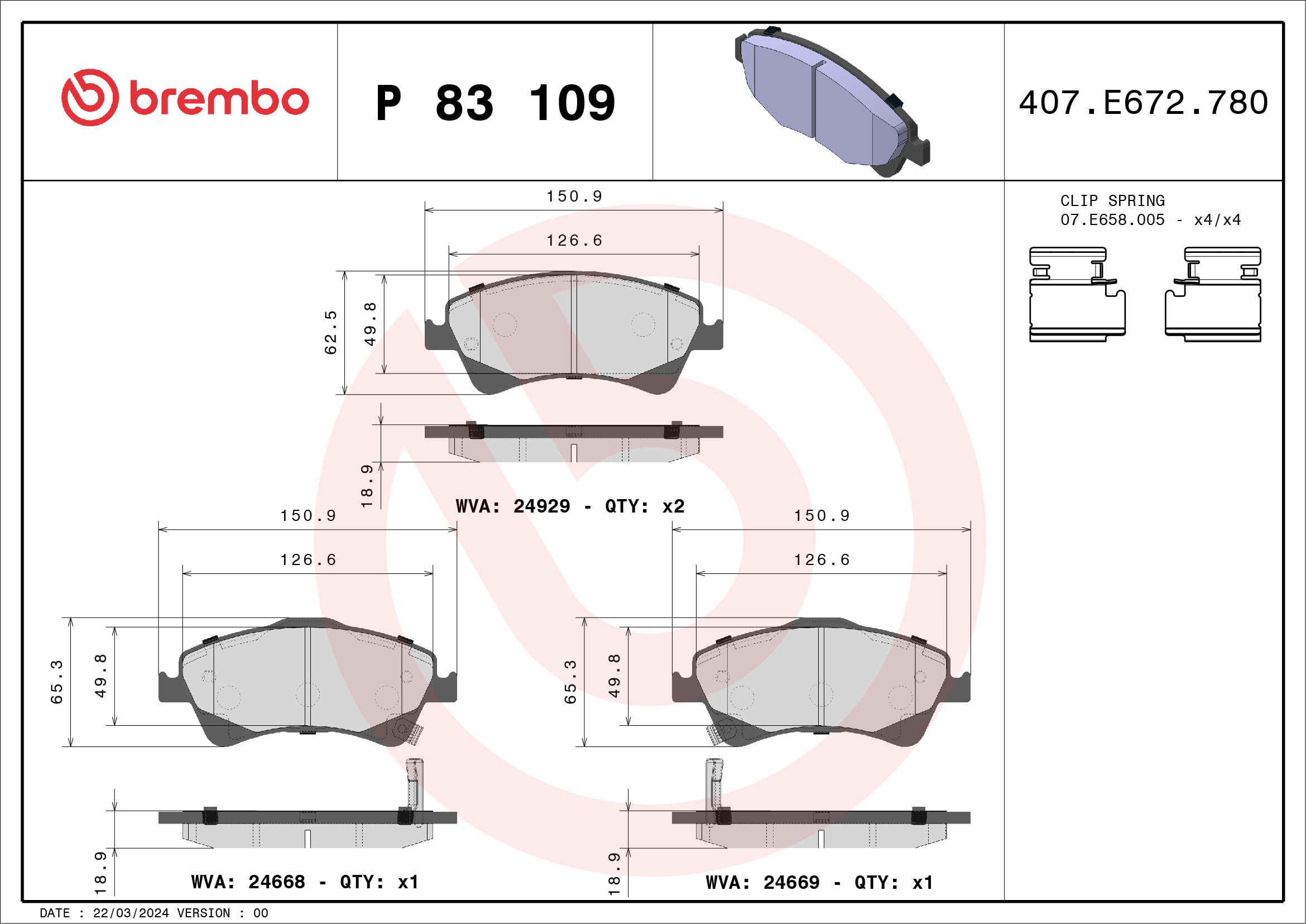 Jeu de 4 plaquettes de frein BREMBO ref. P 83 109