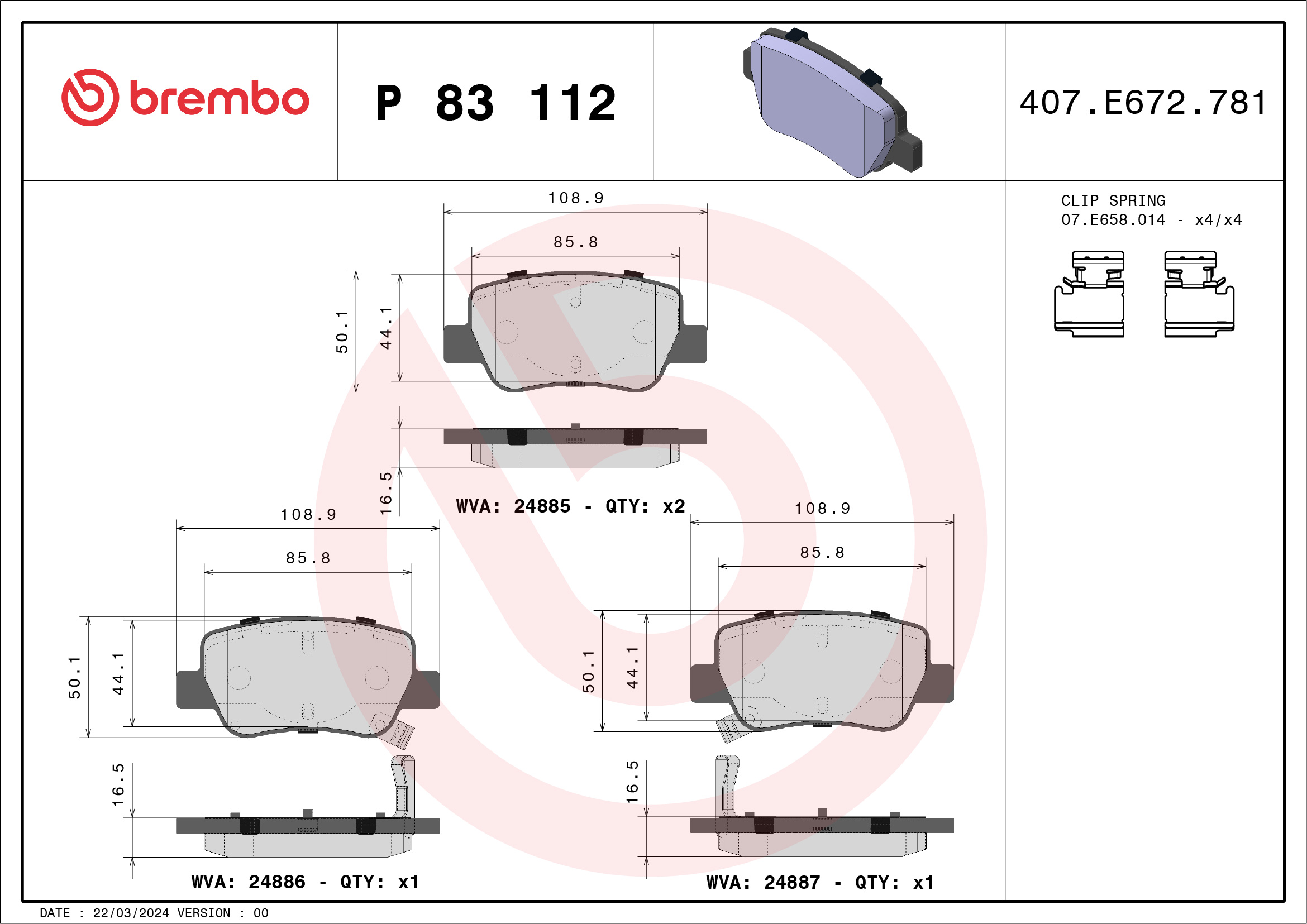 Jogo de 4 pastilhas de travão BREMBO ref. P 83 112