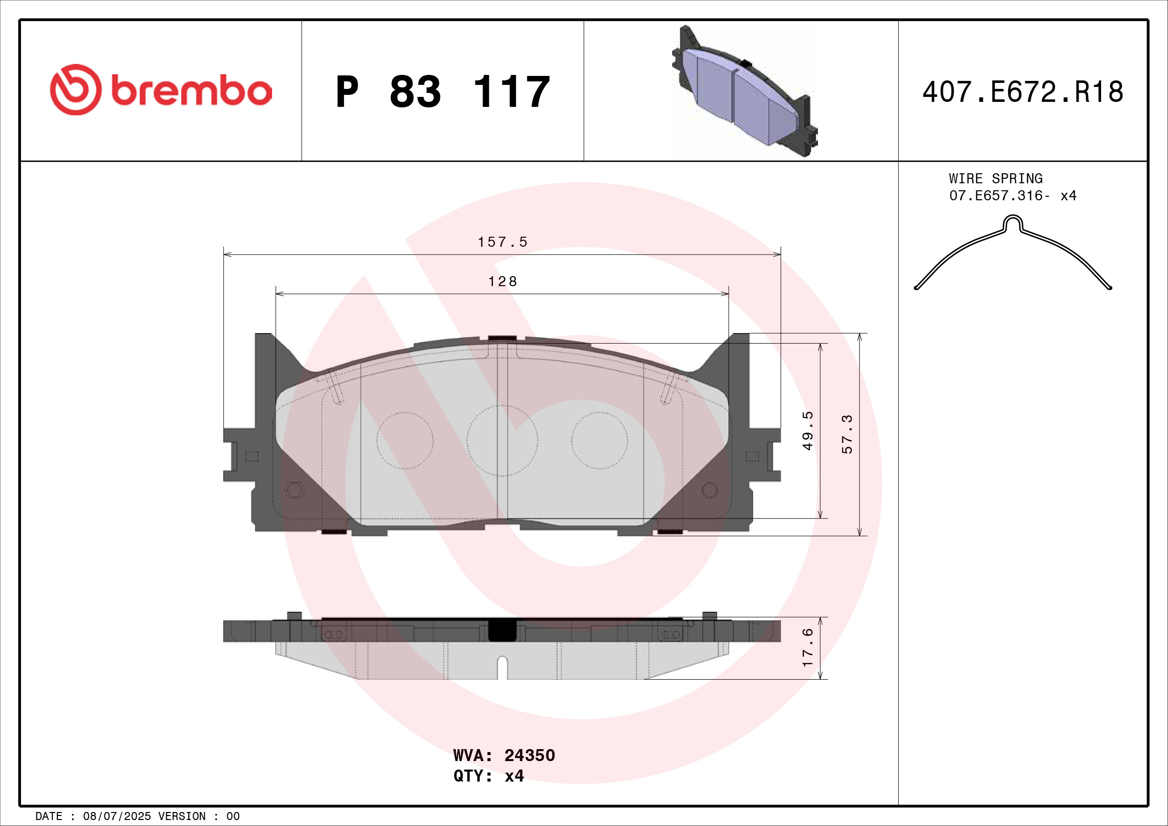Jogo de 4 pastilhas de travão BREMBO ref. P 83 117