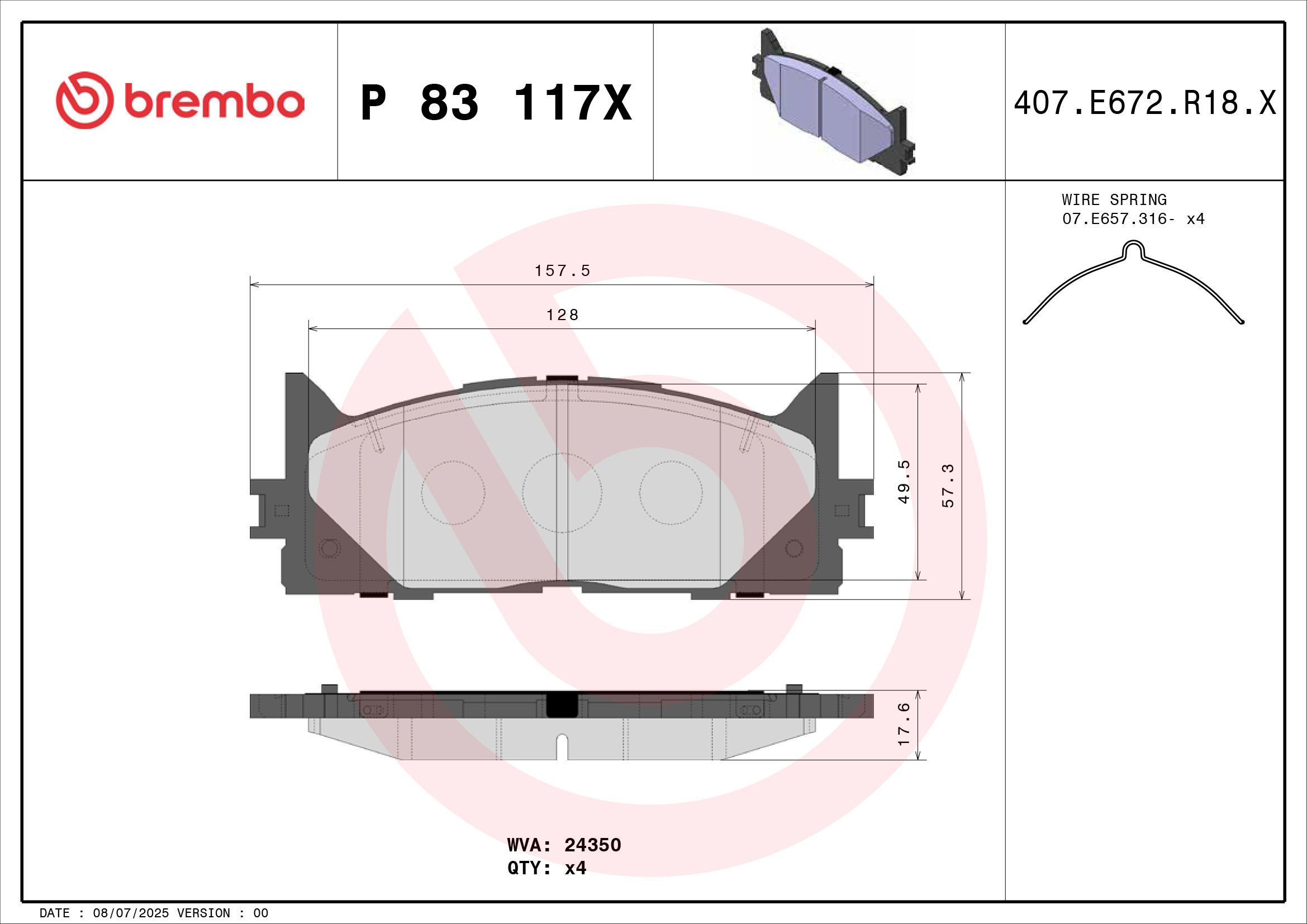 Jogo de 4 pastilhas de travão BREMBO ref. P 83 117X