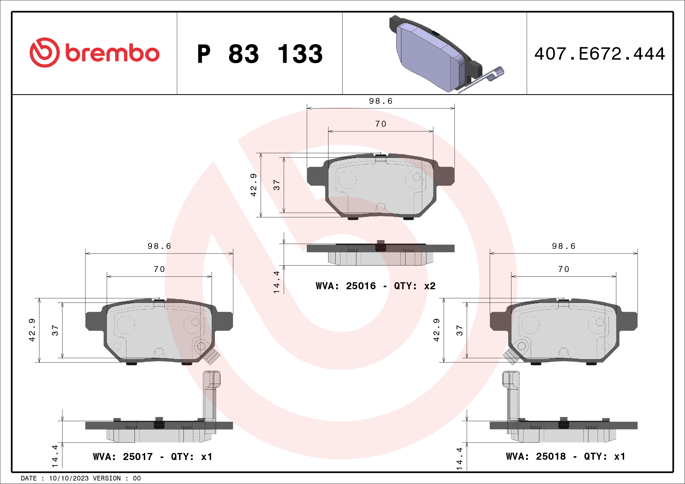 Jogo de 4 pastilhas de travão BREMBO ref. P 83 133